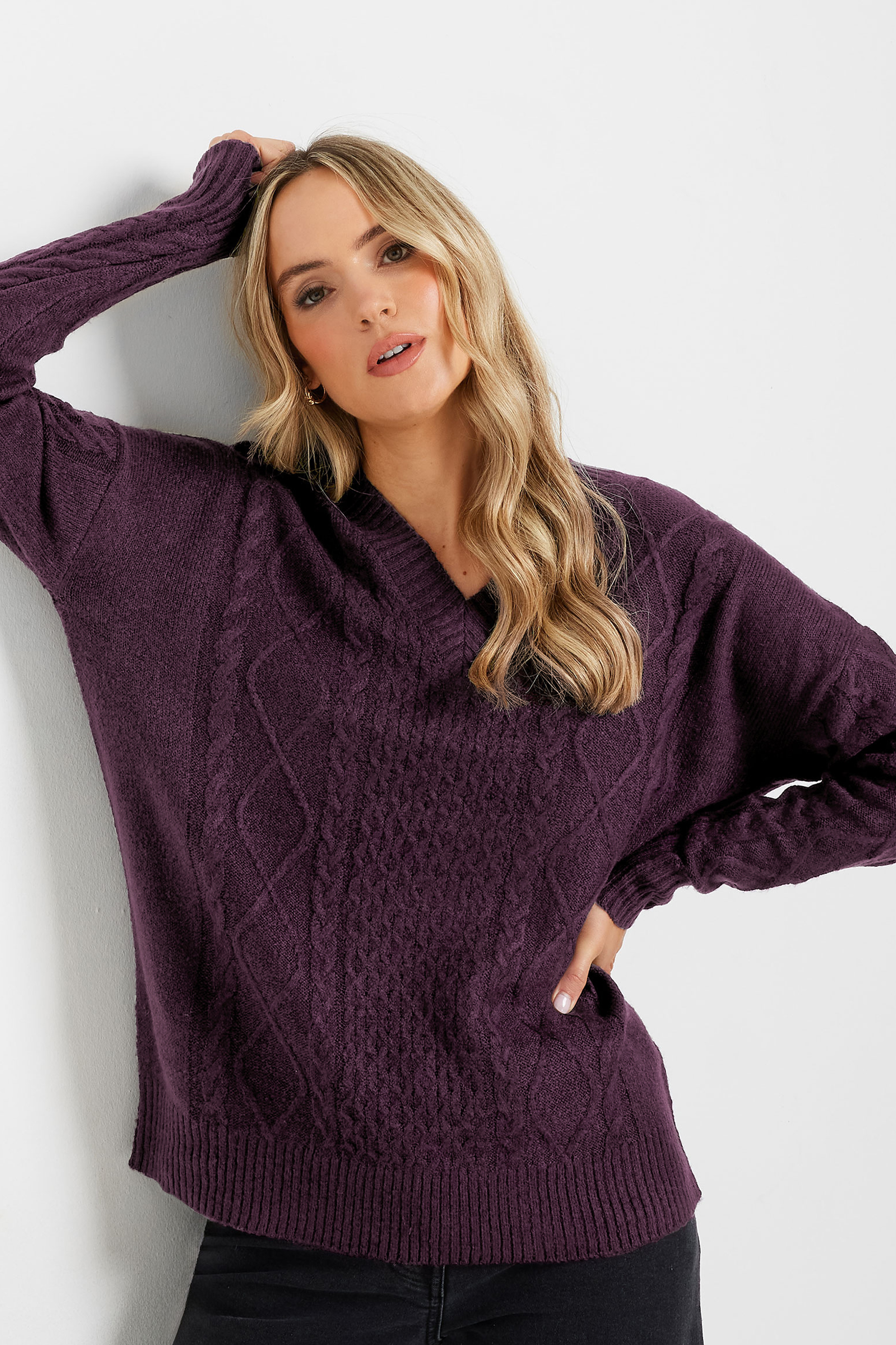 LTS Tall Dark Purple Cable Knit V-Neck Jumper | Long Tall Sally 3