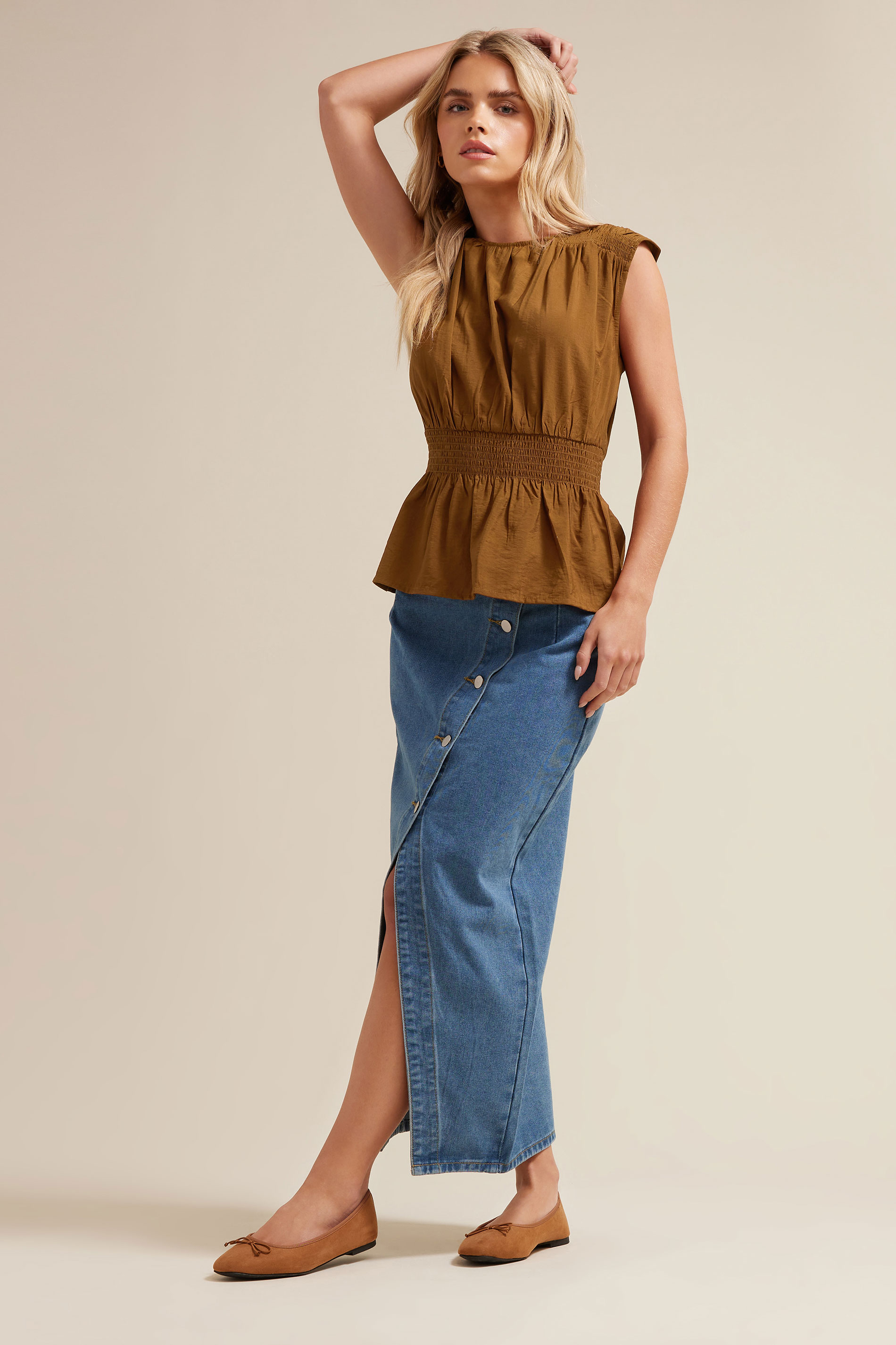 PixieGirl Petite Women's Brown Woven Shirred Waist Top | PixieGirl 6