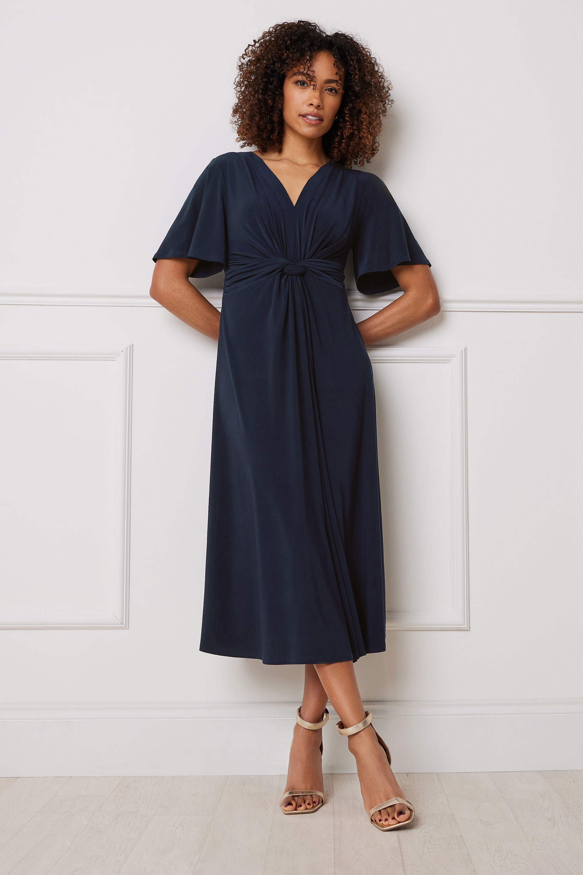 M&Co Navy Blue Short Sleeve Twist Midi Dress | M&Co 3