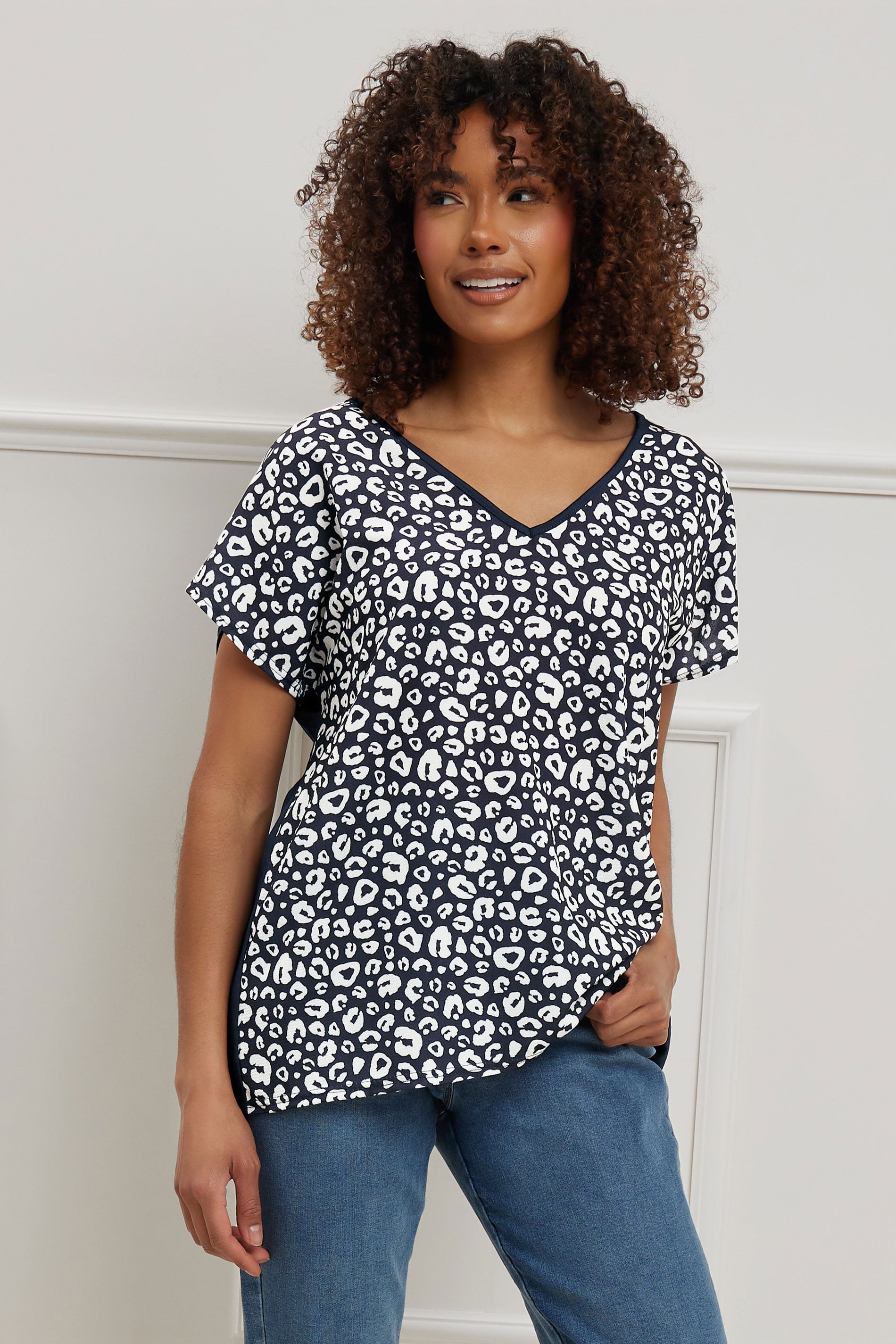 M&Co Navy Blue Animal Print V-Neck Top | M&Co 2