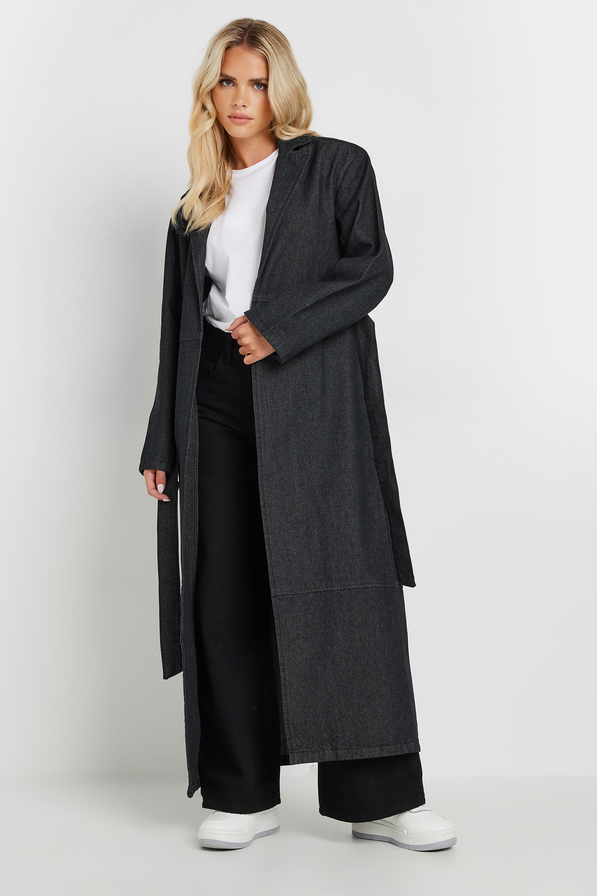 PixieGirl Petite Indigo Blue Denim Belted Cotton Trench Coat | PixieGirl 3