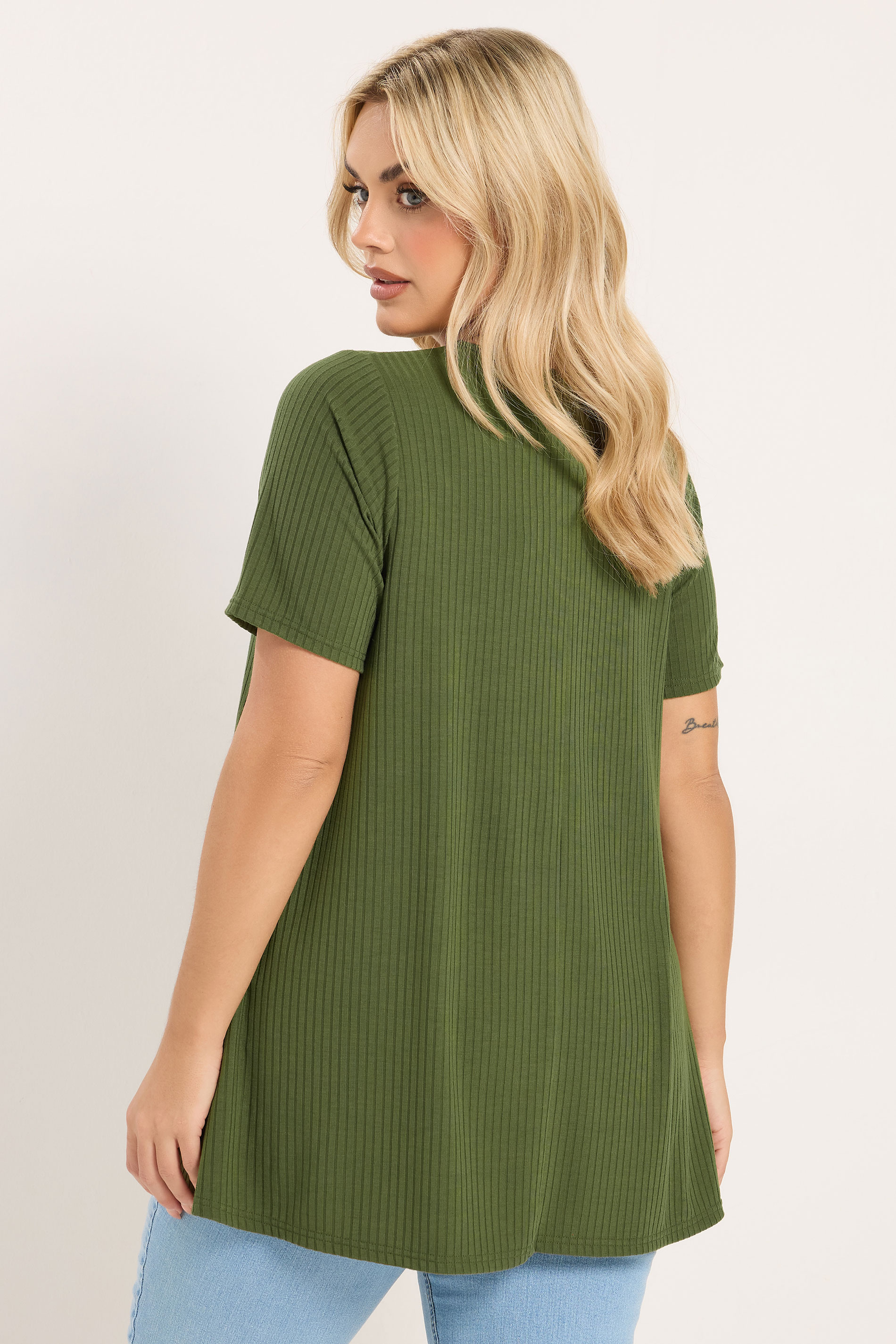 YOURS Plus Size Khaki Green Button Front Ribbed Swing Top | Yours Clothing 2