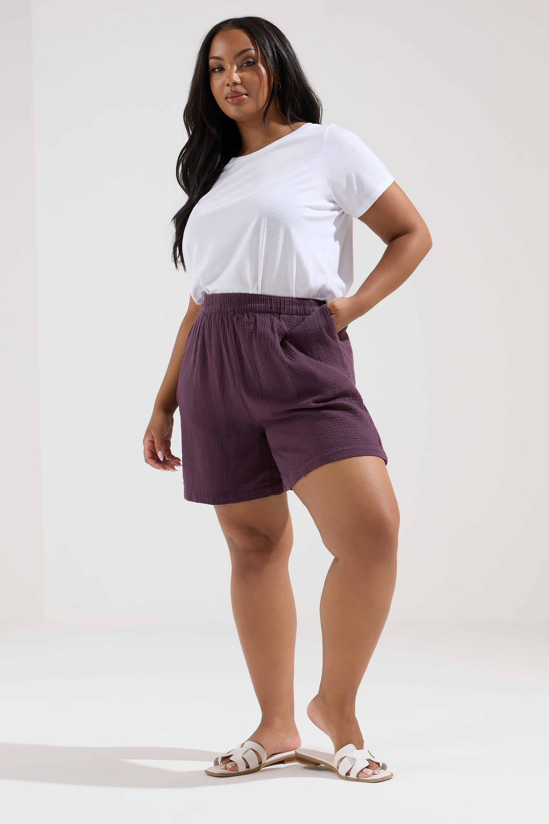 YOURS Plus Size Purple Cotton Cheesecloth Shorts | Yours Clothing 1