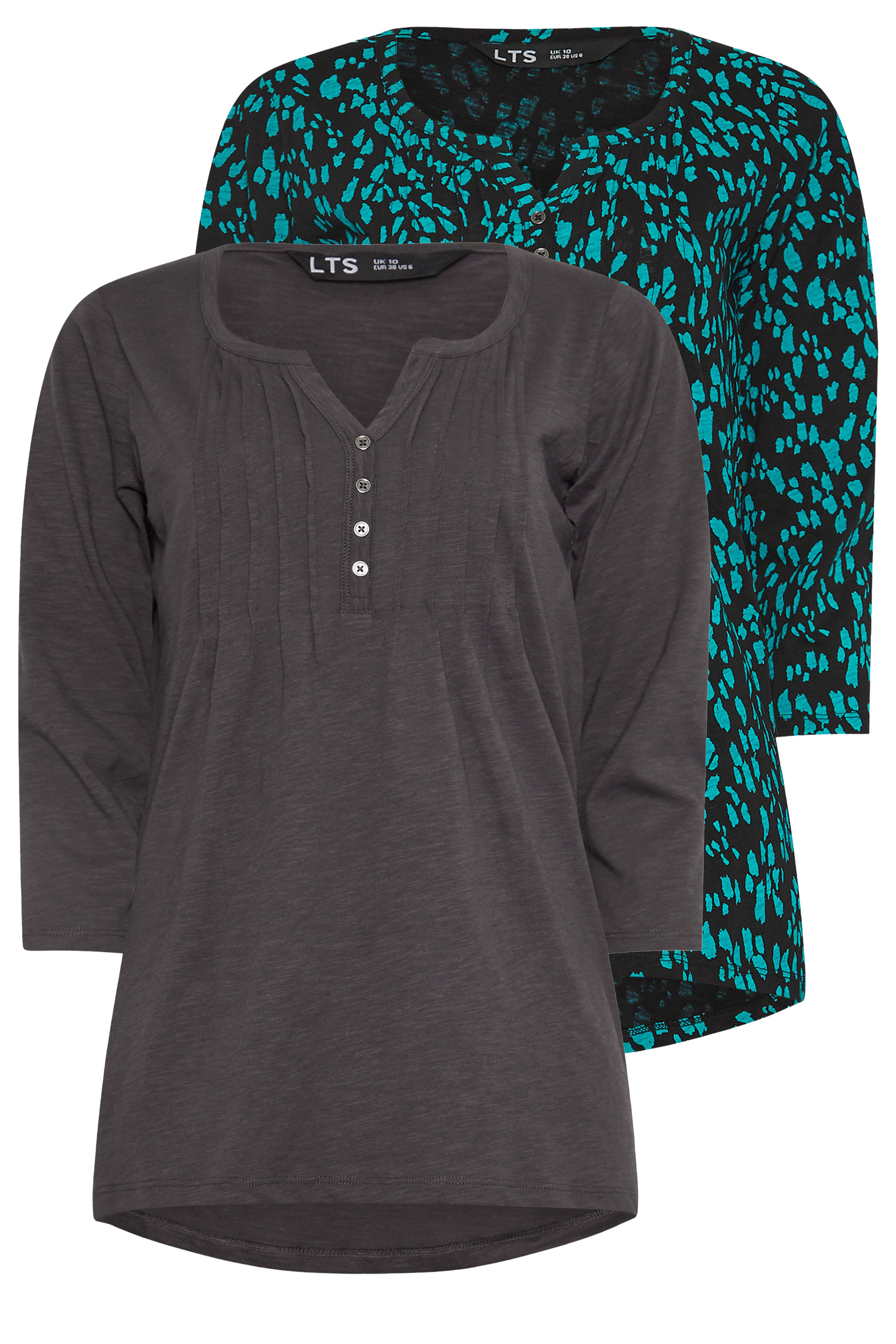LTS Tall 2 PACK Teal Blue & Grey Cotton Henley Tops | Long Tall Sally 3