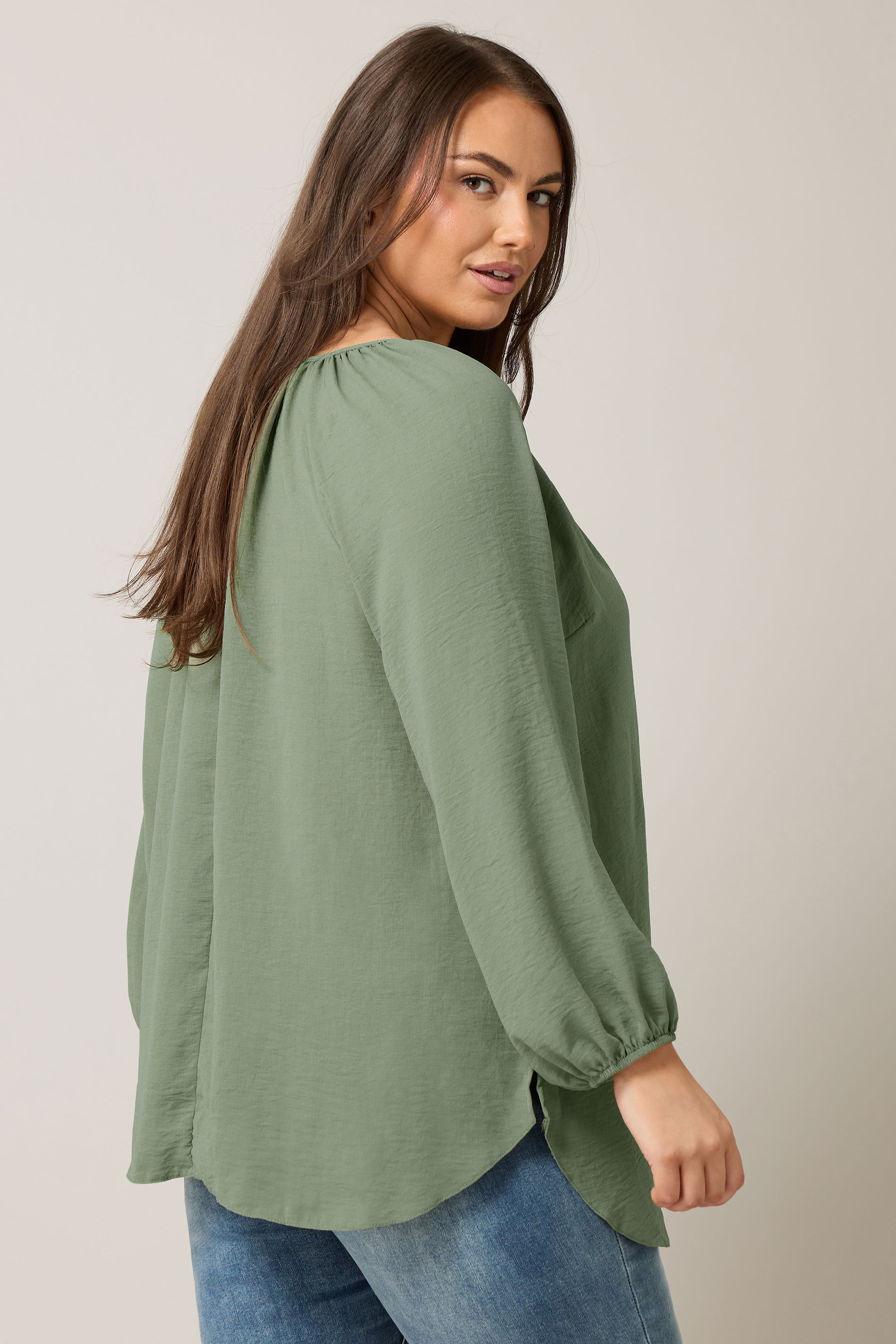 EVANS Plus Size Khaki Green Button Front Long Sleeve Blouse | Evans 2
