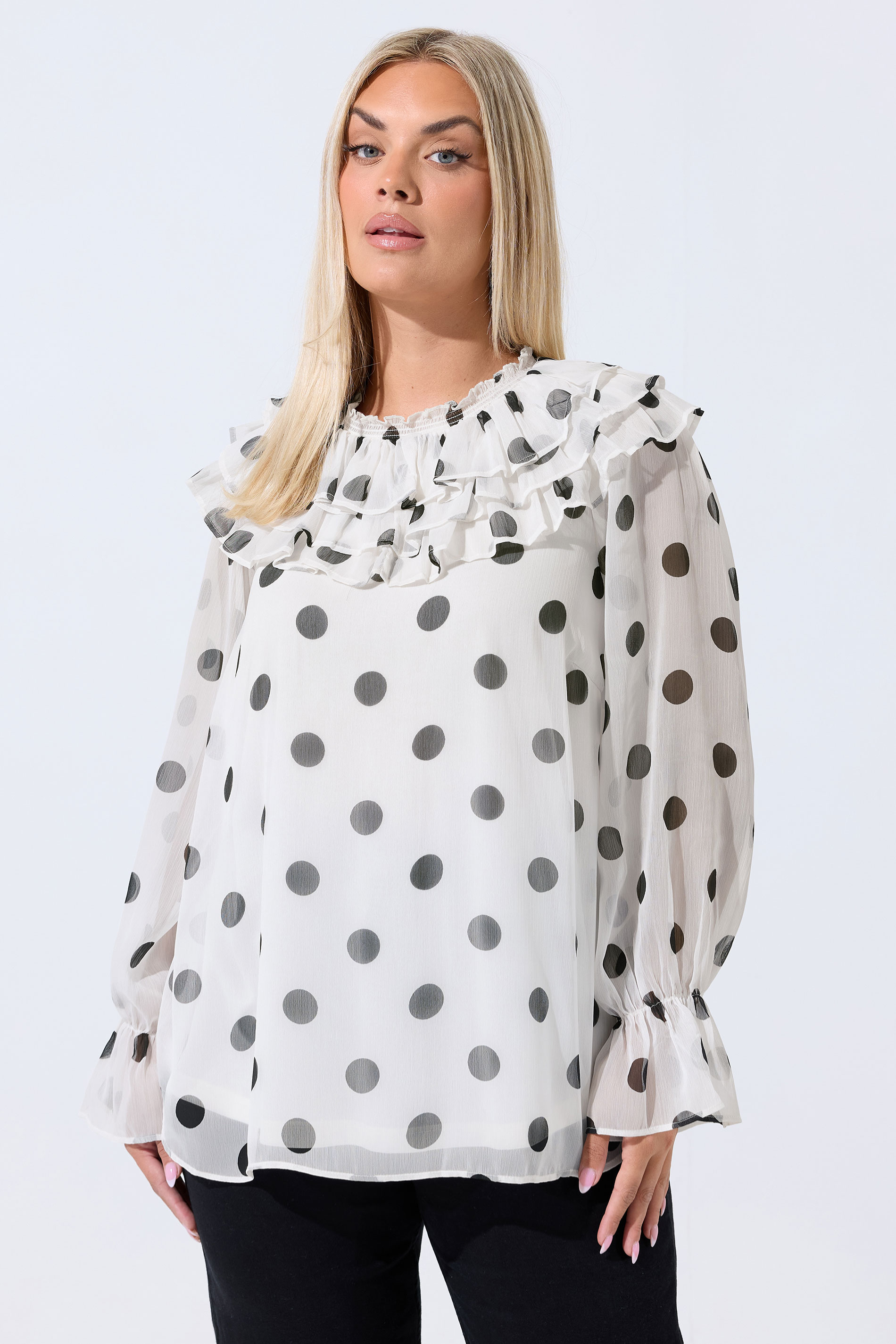 LIMITED COLLECTION Plus Size White Polka Dot Frill Neck Blouse | Yours Clothing 3