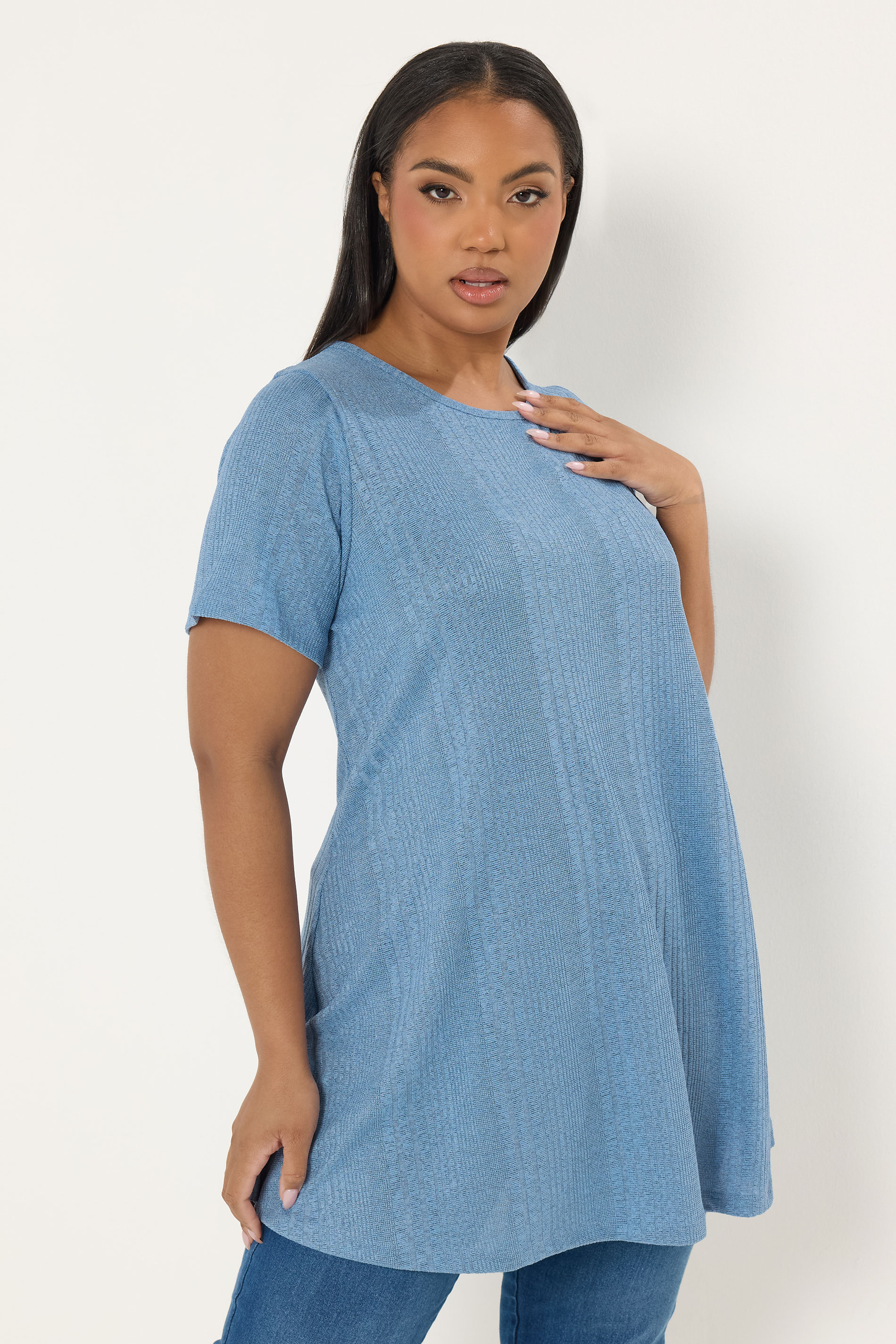 YOURS Plus Size Blue Soft Touch Ribbed Swing T-Shirt | Yours Clothing 3