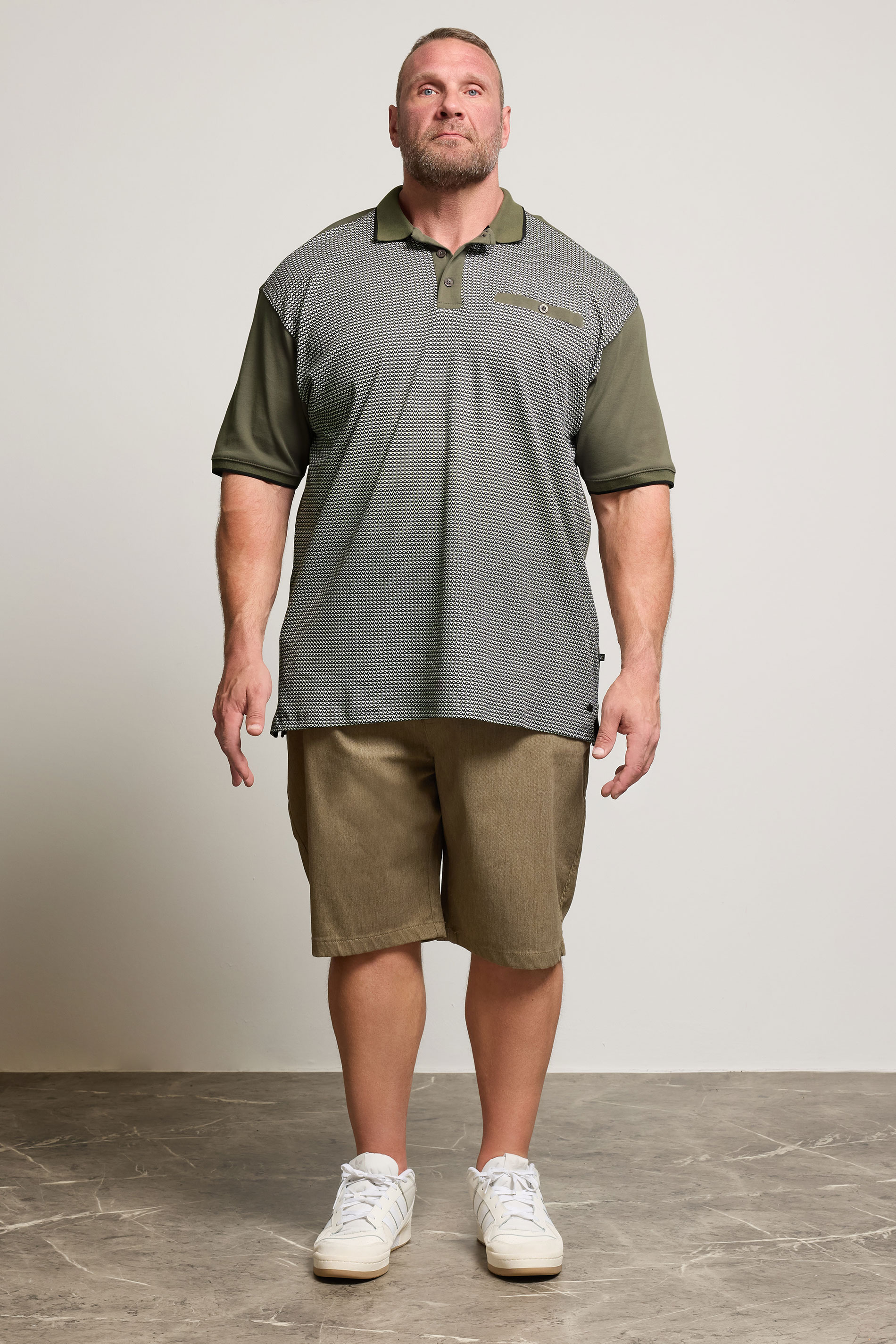 KAM Khaki Green Geometric Print Short Sleeve Polo Shirt | BadRhino 1