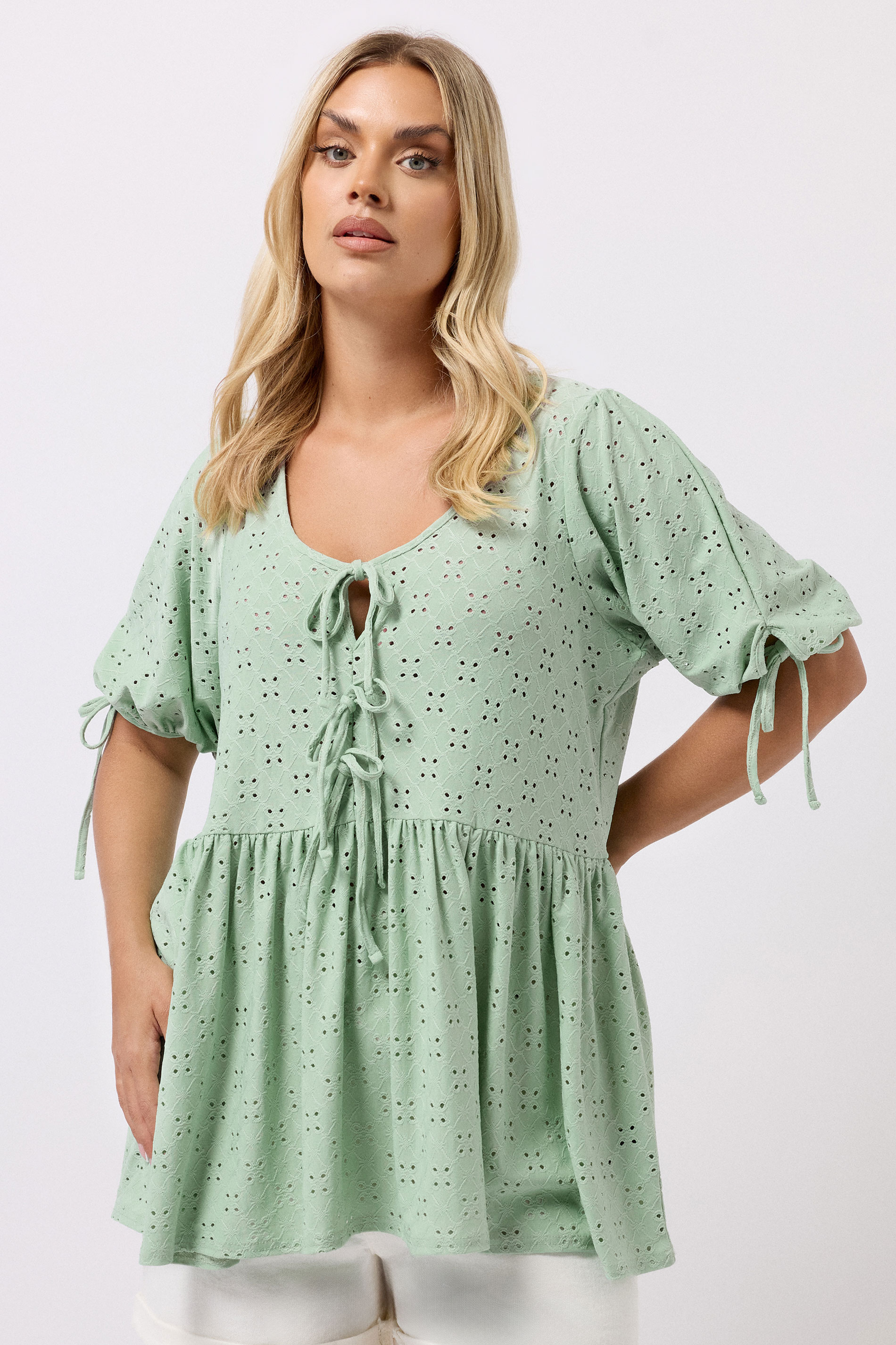 YOURS Plus Size Green Broderie Anglaise Tie Front Peplum Top | Yours Clothing 1