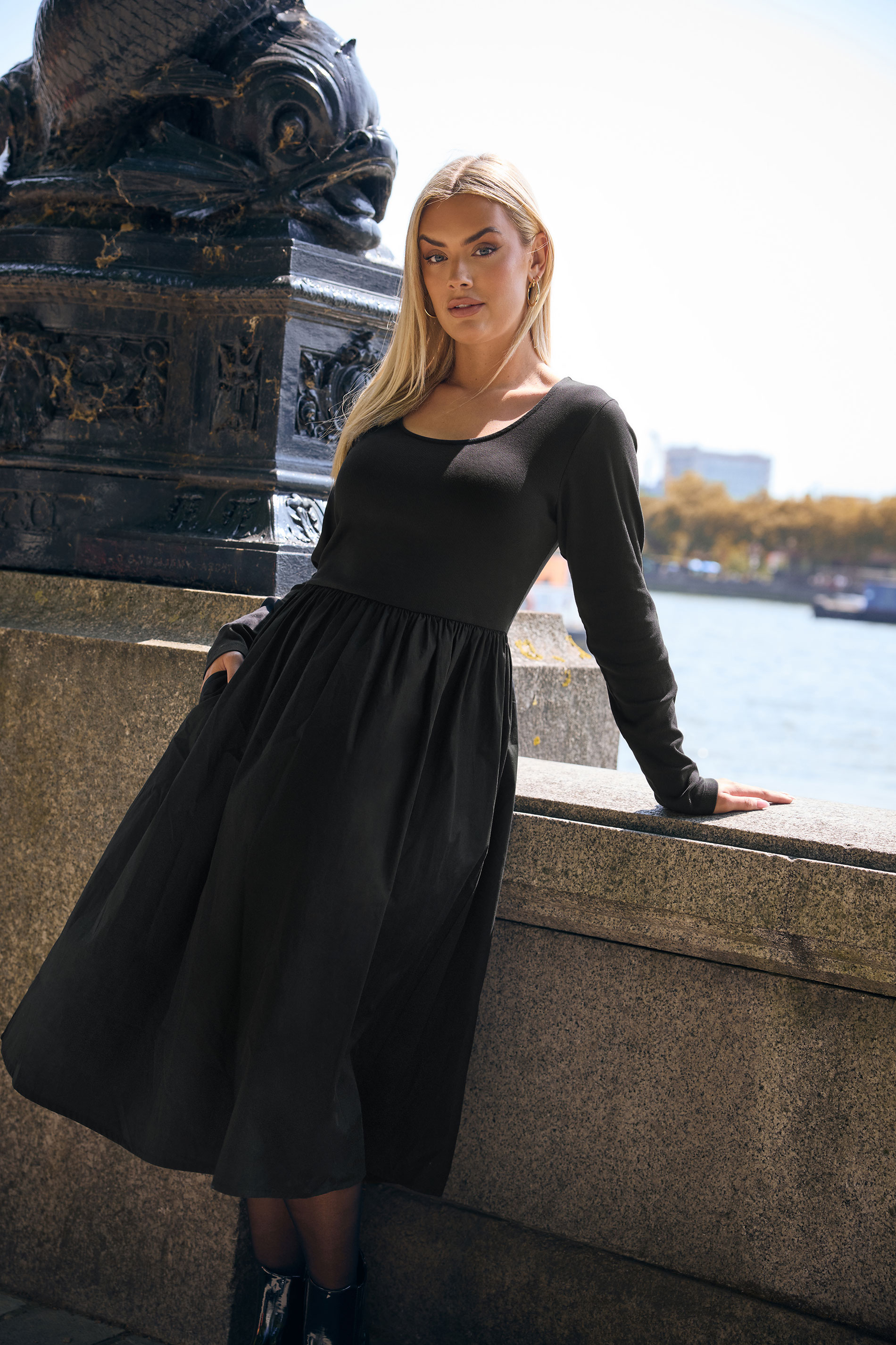 YOURS Plus Size Black Mixed Rib Midi Dress | Yours Clothing 3