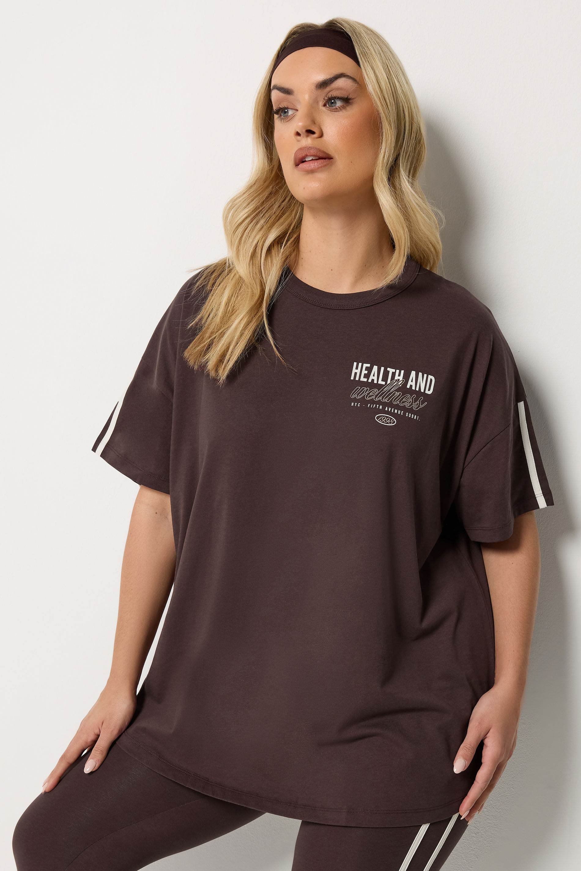 YOURS ACTIVE Plus Size Chocolate Brown 'Health & Wellness' T-Shirt | Yours Clothing 1