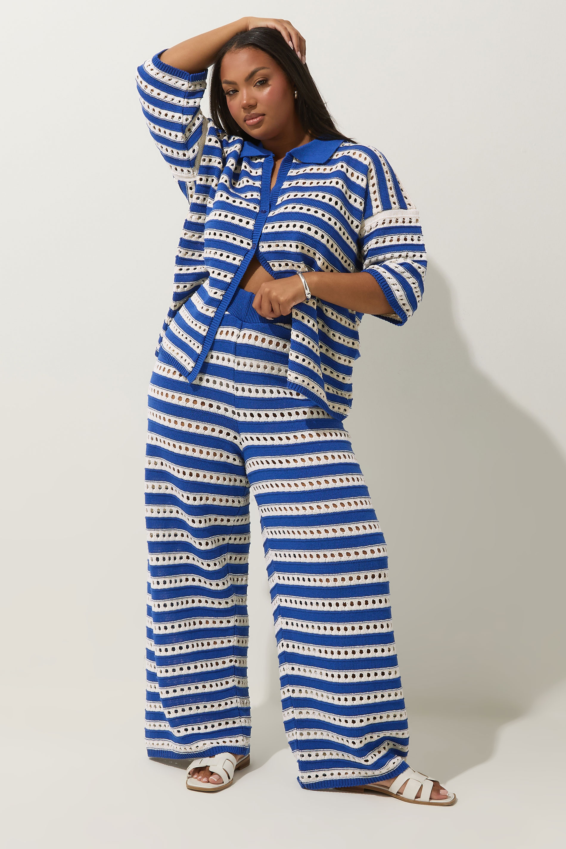LIMITED COLLECTION Plus Size Blue & White Stripe Crochet Shirt | Yours Clothing 1