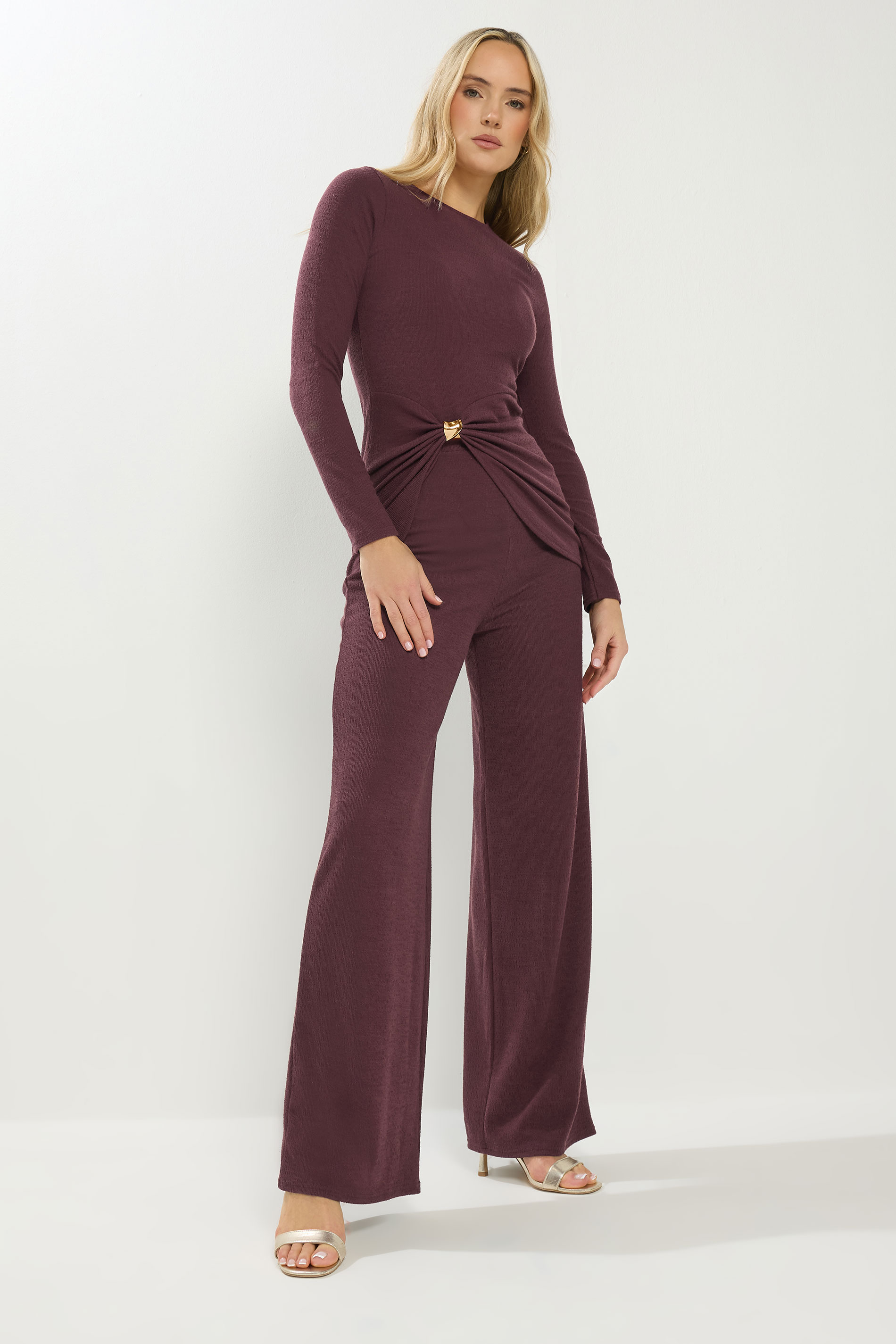 LTS Tall Women's Berry Red Textured Wide Leg Trousers | Long Tall Sally 3