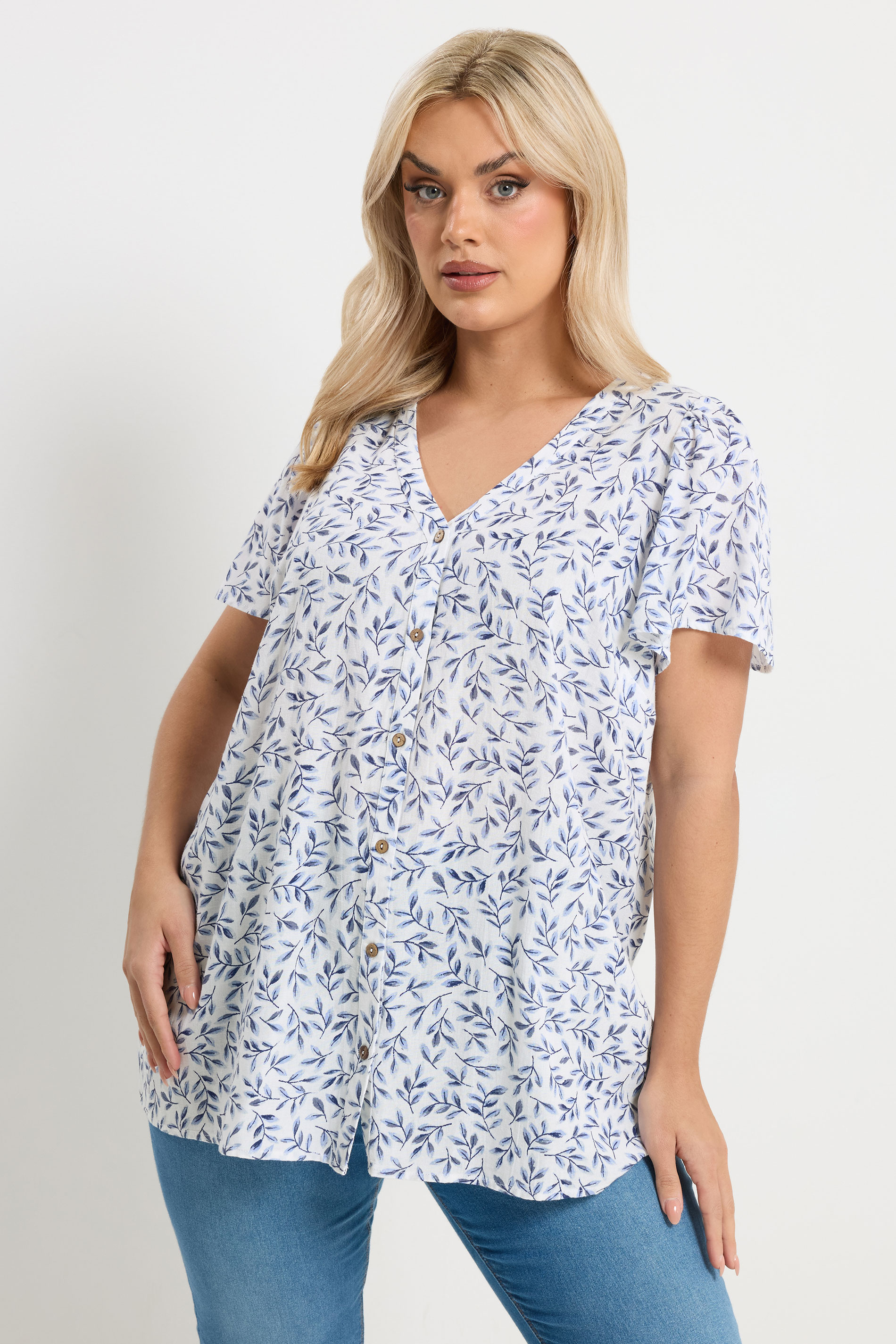 YOURS Plus Size White & Blue Leaf Print Linen Blouse | Yours Clothing 3
