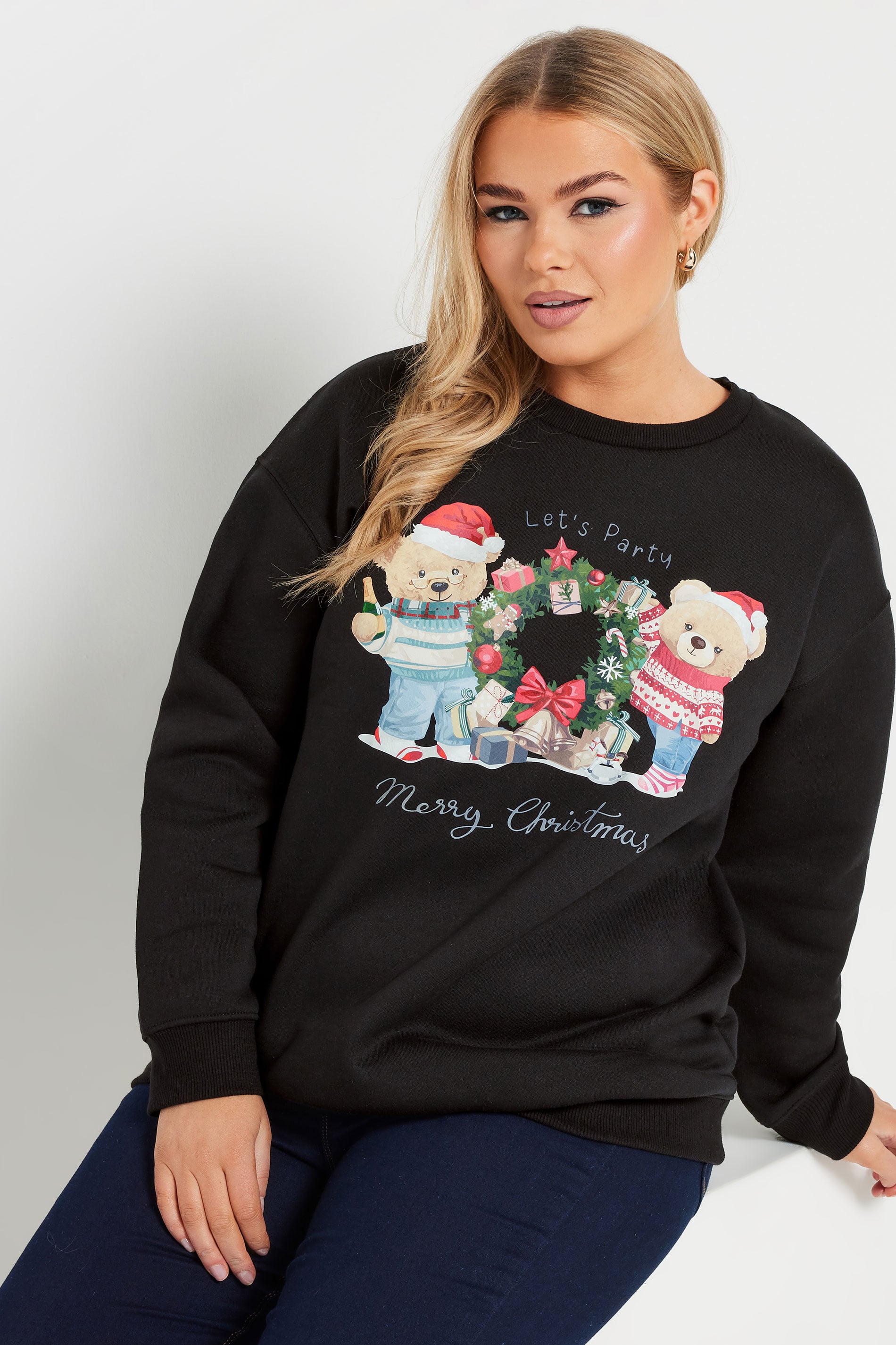 YOURS Plus Size Black Teddy Bear Christmas Print Sweatshirt | Yours Clothing 1