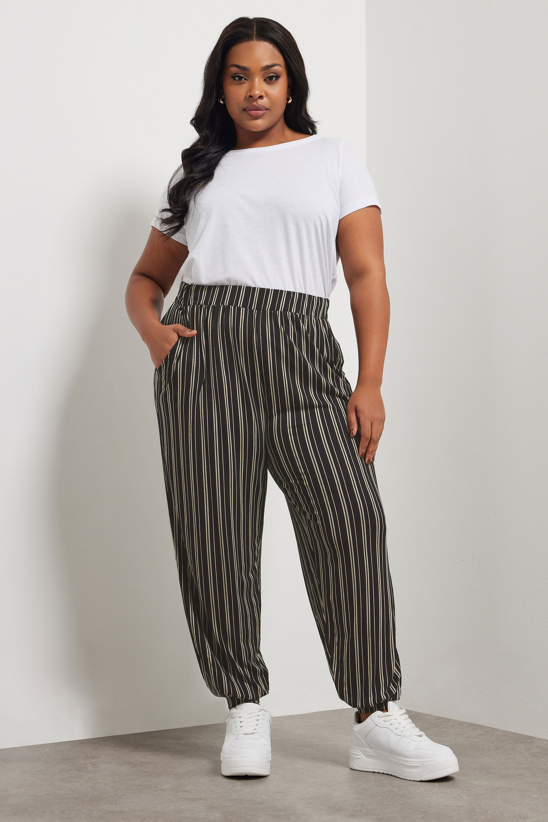 YOURS Plus Size Black Striped Jersey Cuffed Trousers | Yours Clothing 3