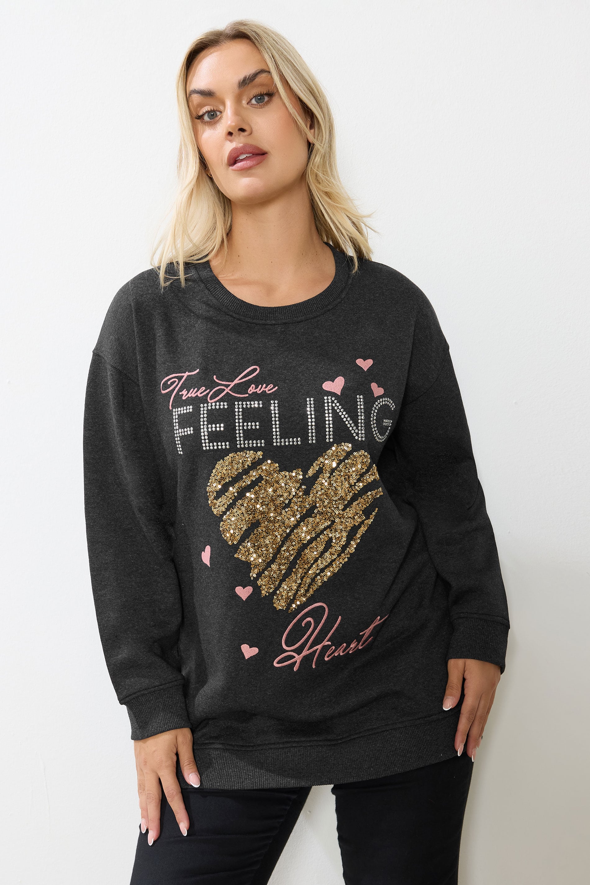 YOURS Curve Grey 'True Love Feeling' Heart Embellished Sweatshirt | Yours Clothing 3