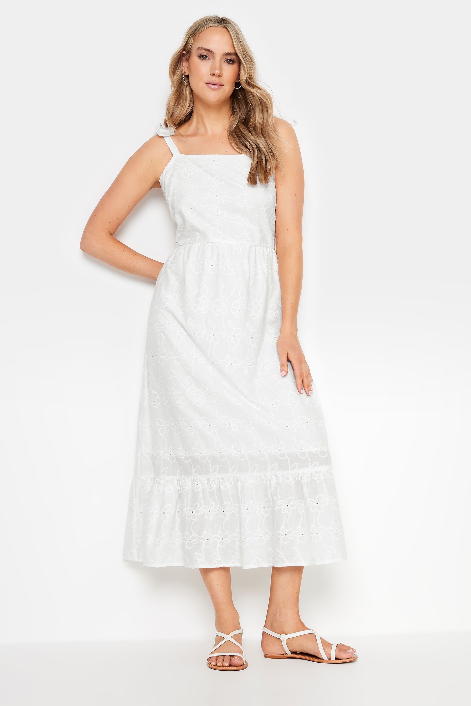 LTS Tall White Floral Broderie Anglaise Cotton Maxi Sundress | Long Tall Sally 1