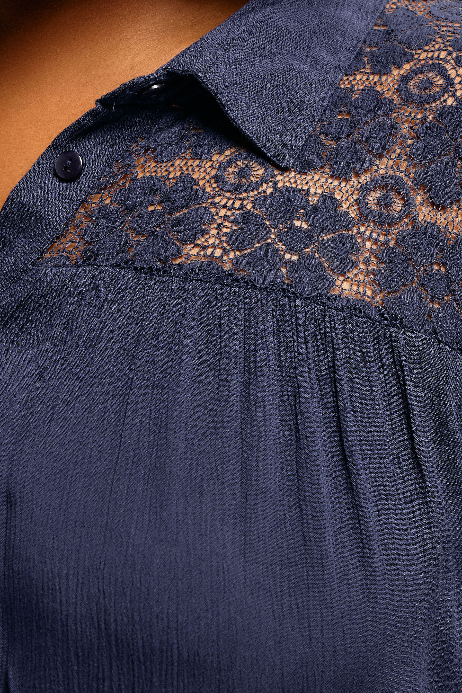 YOURS Plus Size Navy Blue Tiered Crochet Detail Shirt | Yours Clothing 4