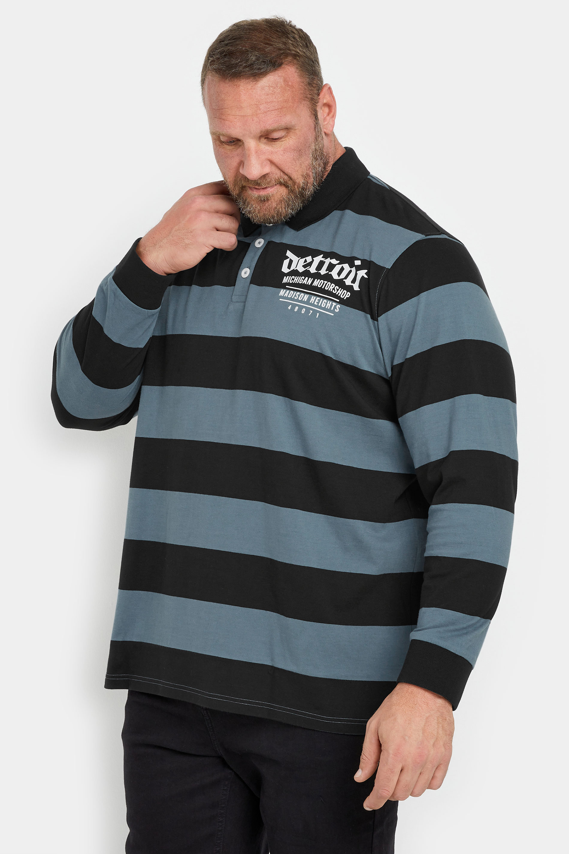 BadRhino Big & Tall Blue 'Detroit' Print Stripe Rugby Polo Shirt | BadRhino 3