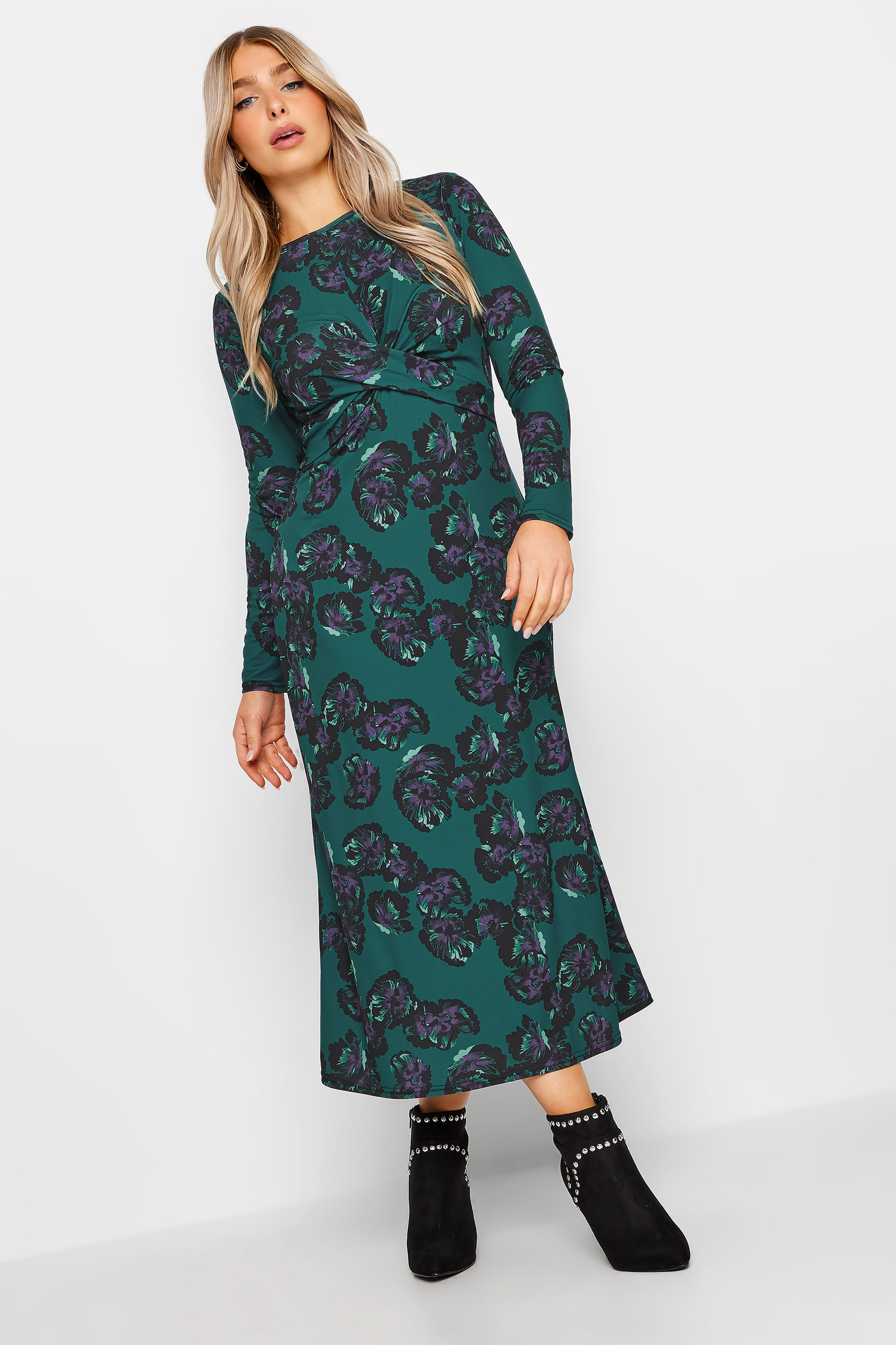 M&Co Dark Green Floral Twist Midaxi Dress | M&Co  2