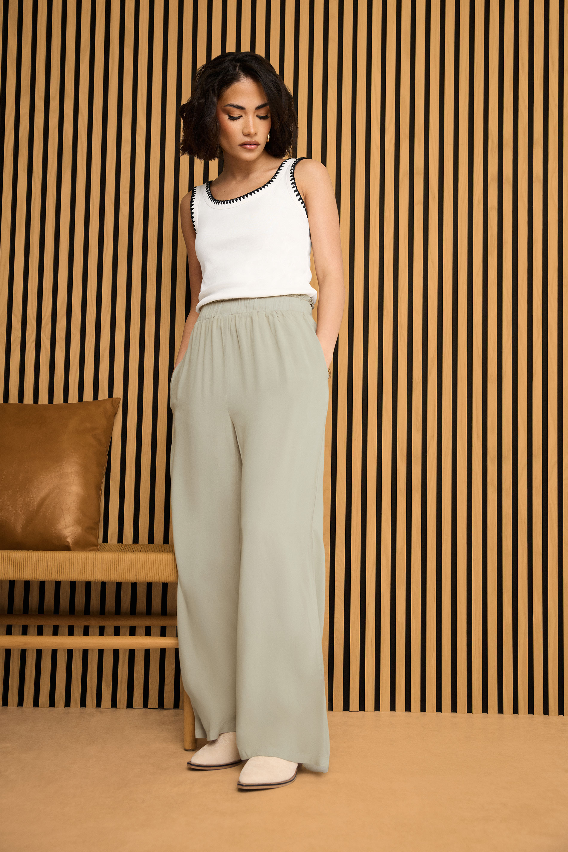 PixieGirl Petite Women's Natural Brown Acid Wash Wide Leg Trousers | PixieGirl 3