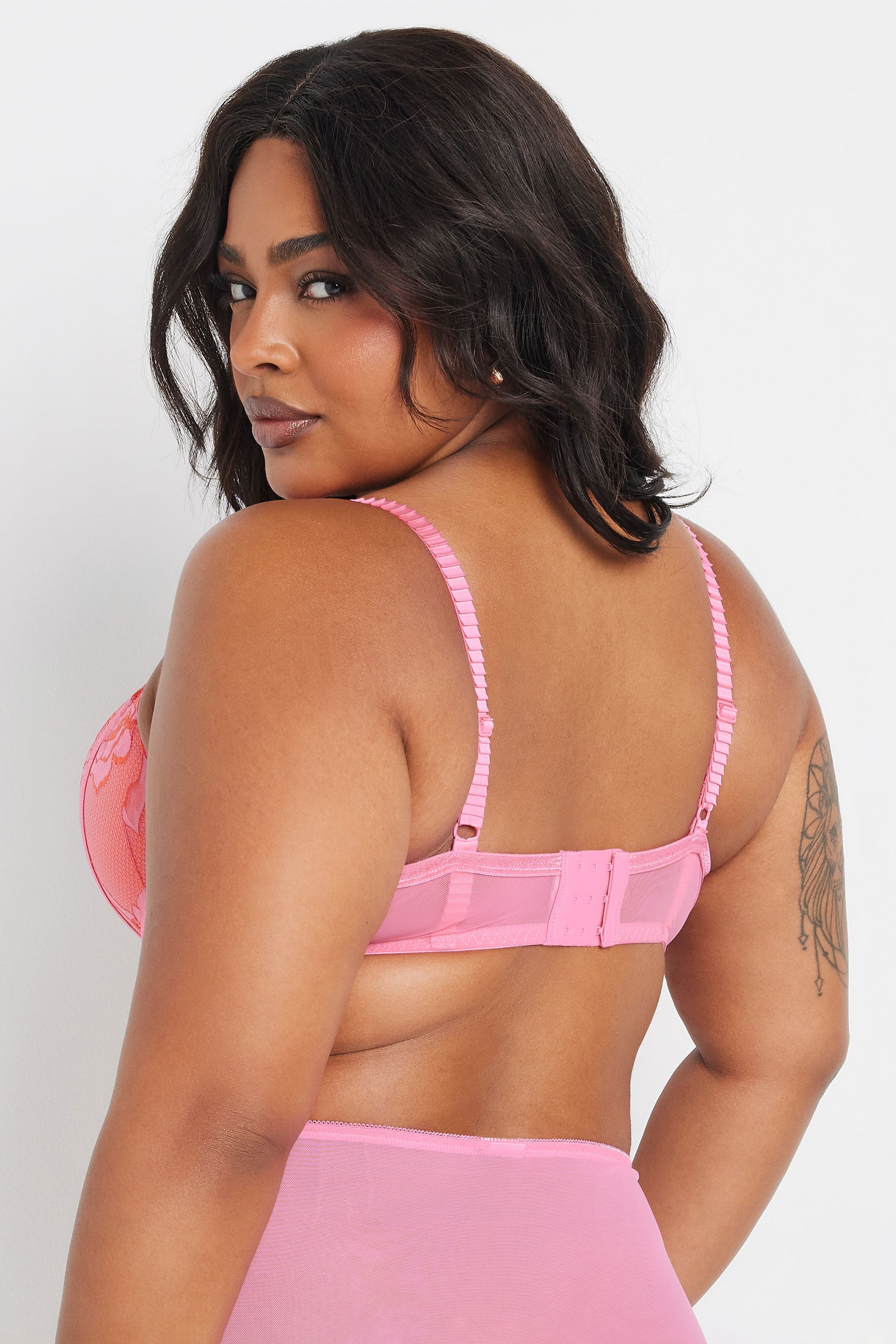 YOURS Plus Size Pink Contrast Lace Padded Plunge Bra | Yours Clothing 2
