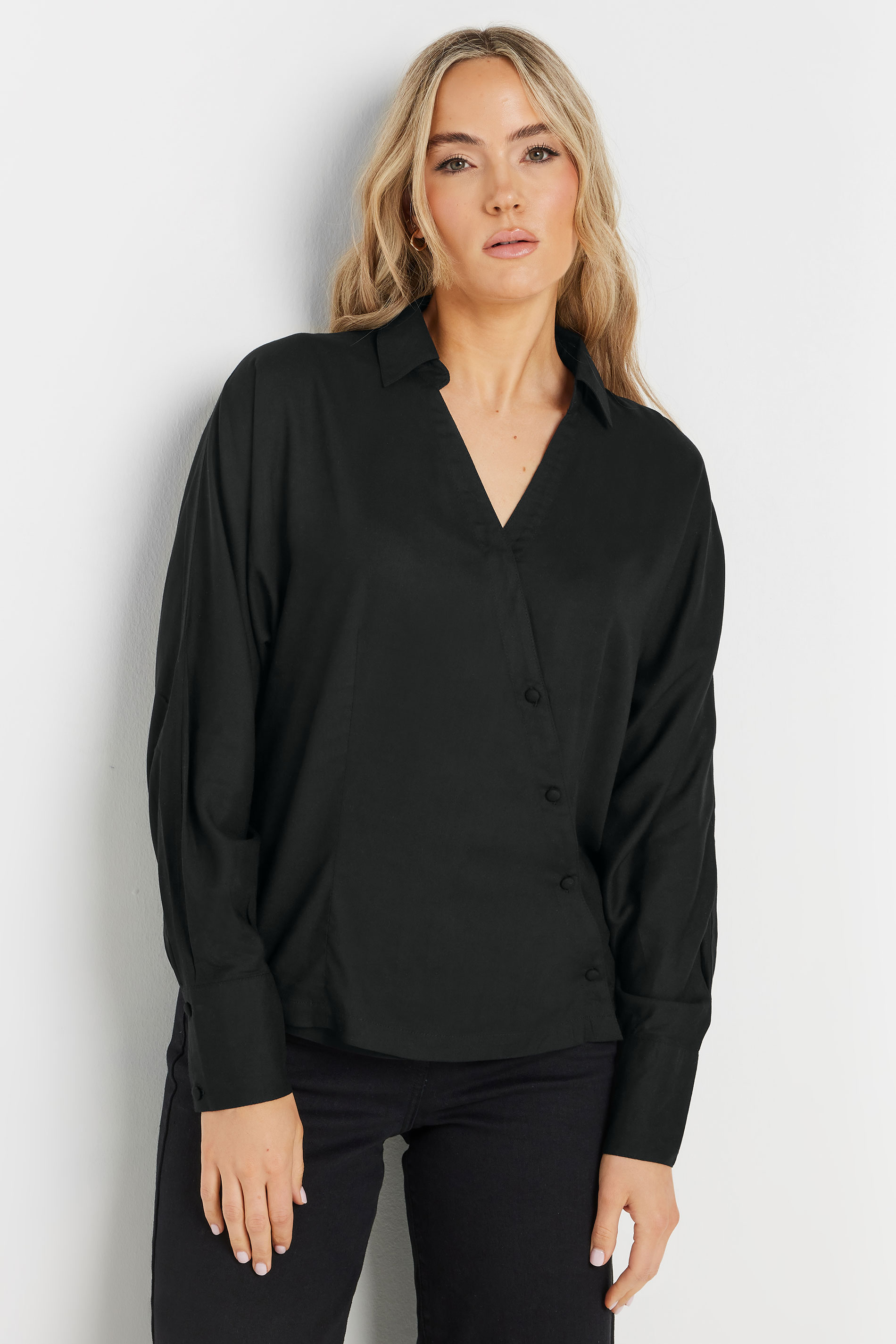 LTS Tall Black Asymmetric Button Shirt | Long Tall Sally 3