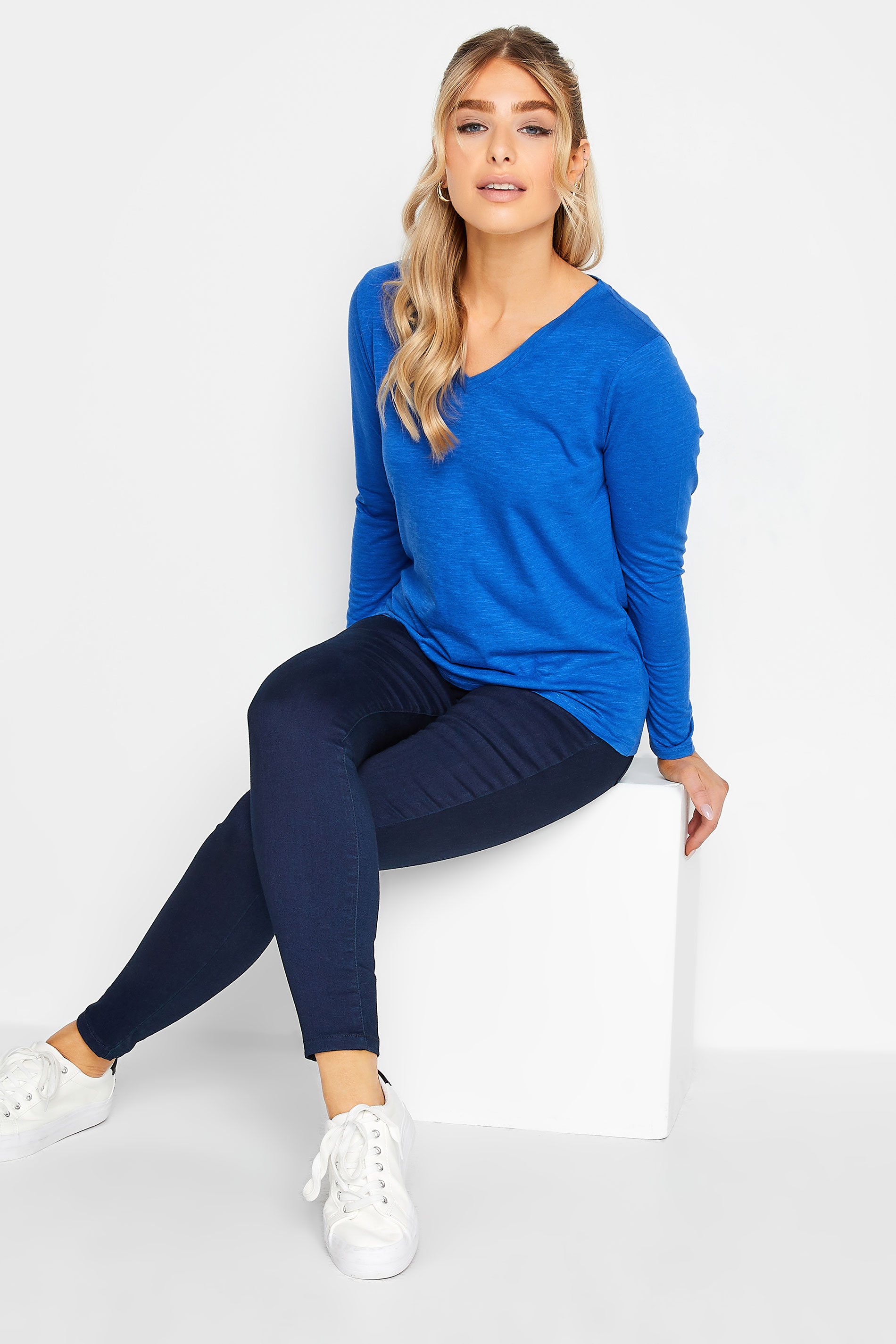 M&Co Blue V-Neck Long Sleeve Cotton T-Shirt | M&Co 2