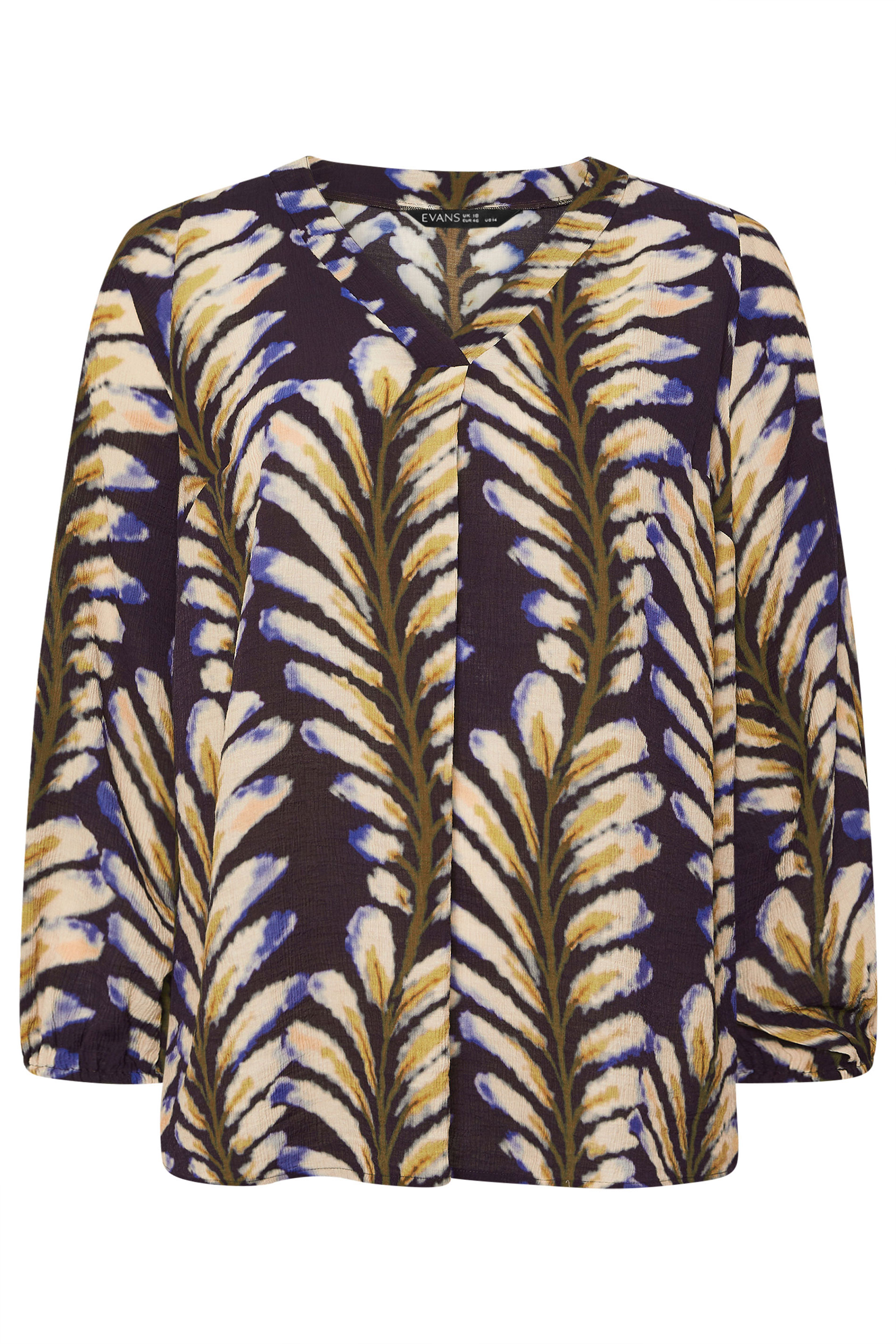 EVANS Plus Size Midnight Blue Leaf Print Pleat Front Blouse | Evans 6