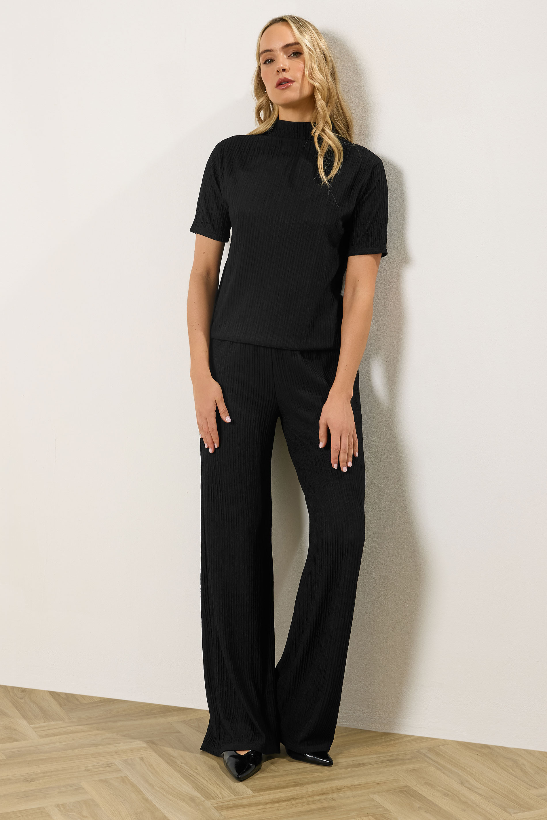 LTS Tall Black Textured Funnel Neck Top | Long Tall Sally 1