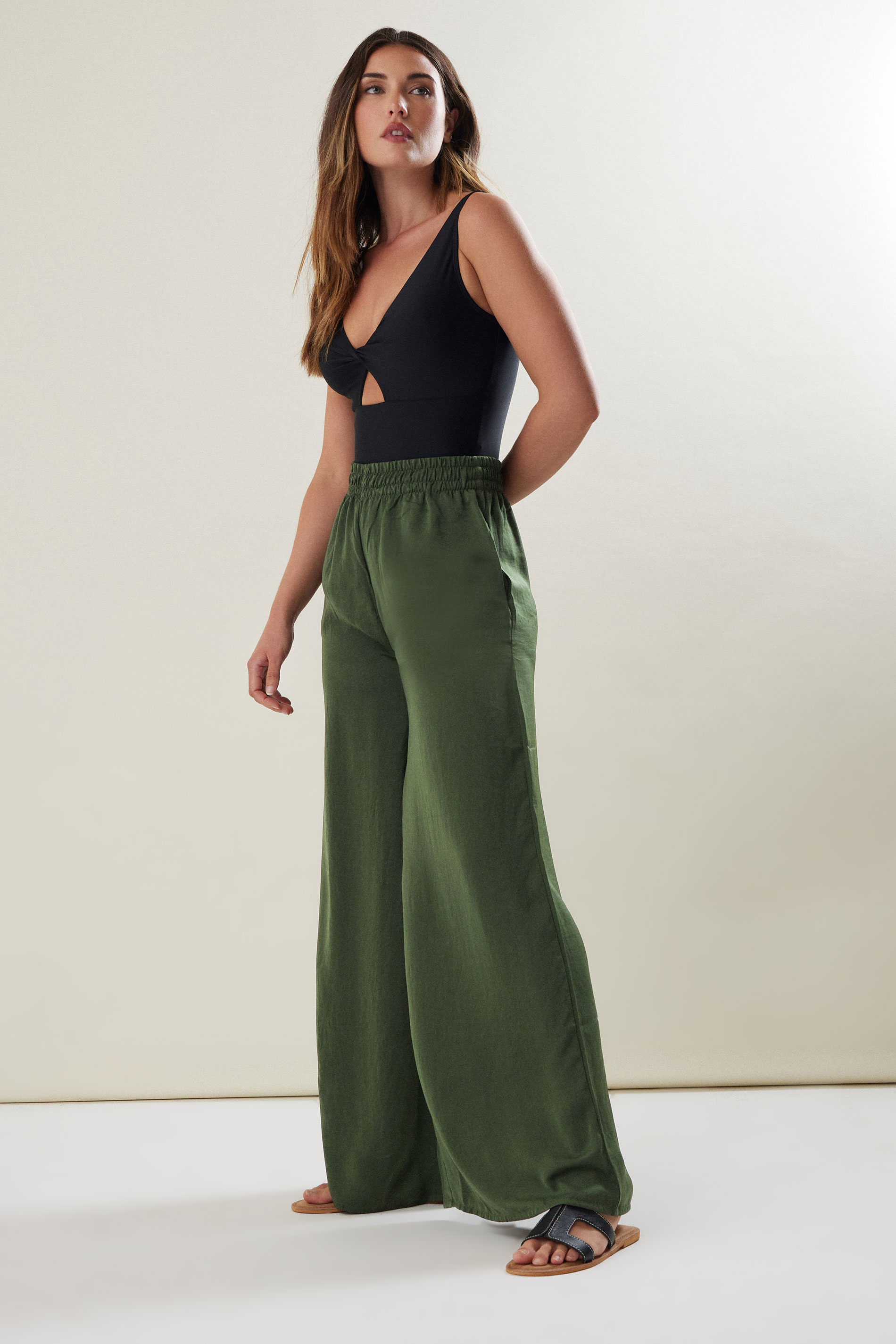 LTS Tall Khaki Green Matt Satin Wide Leg Trousers | Long Tall Sally 2