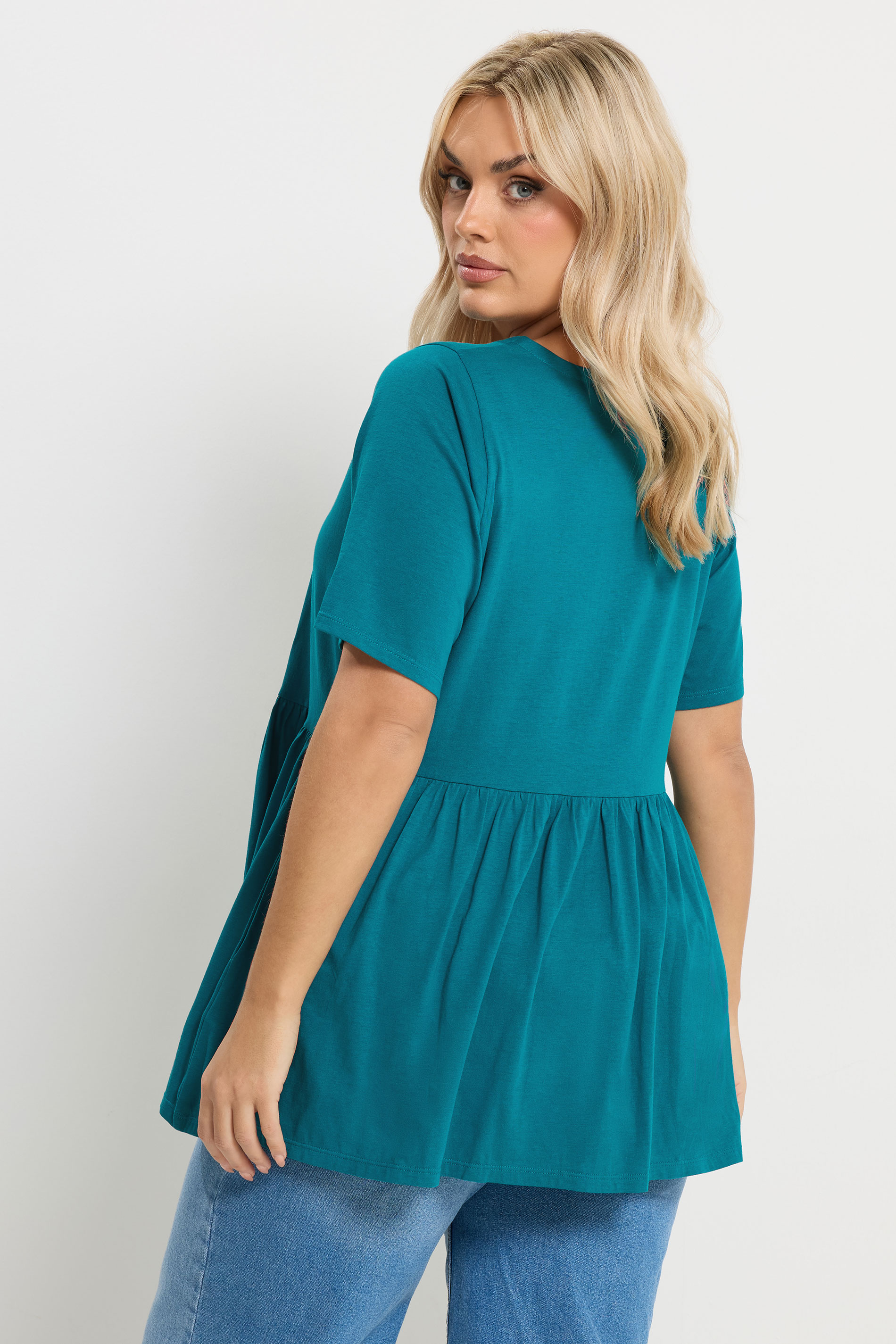 YOURS Plus Size Teal Blue Bow Tie Front Peplum Top | Yours Clothing 2