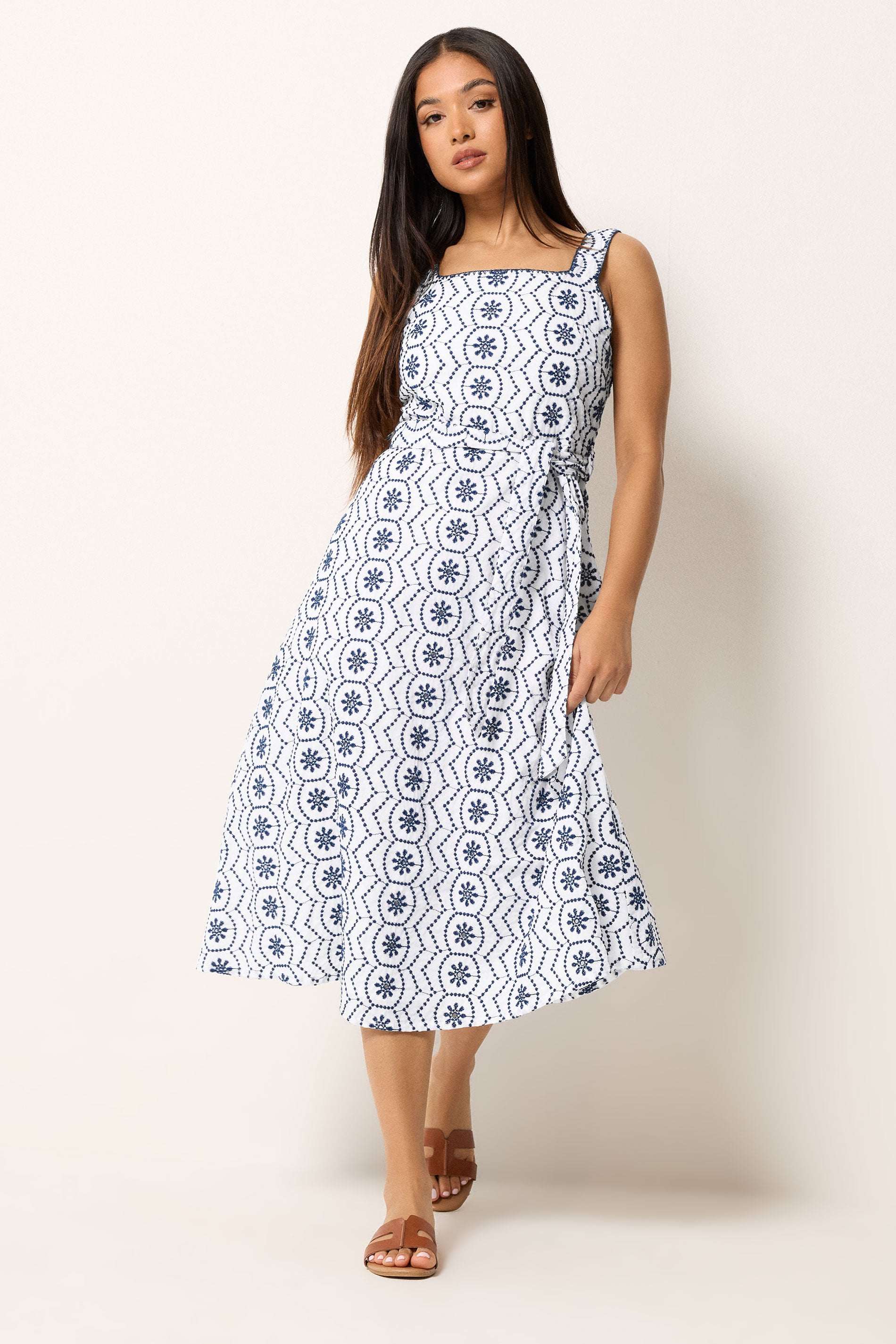 M&Co Petite White & Navy Blue Embroidered Cotton Dress | M&Co 3