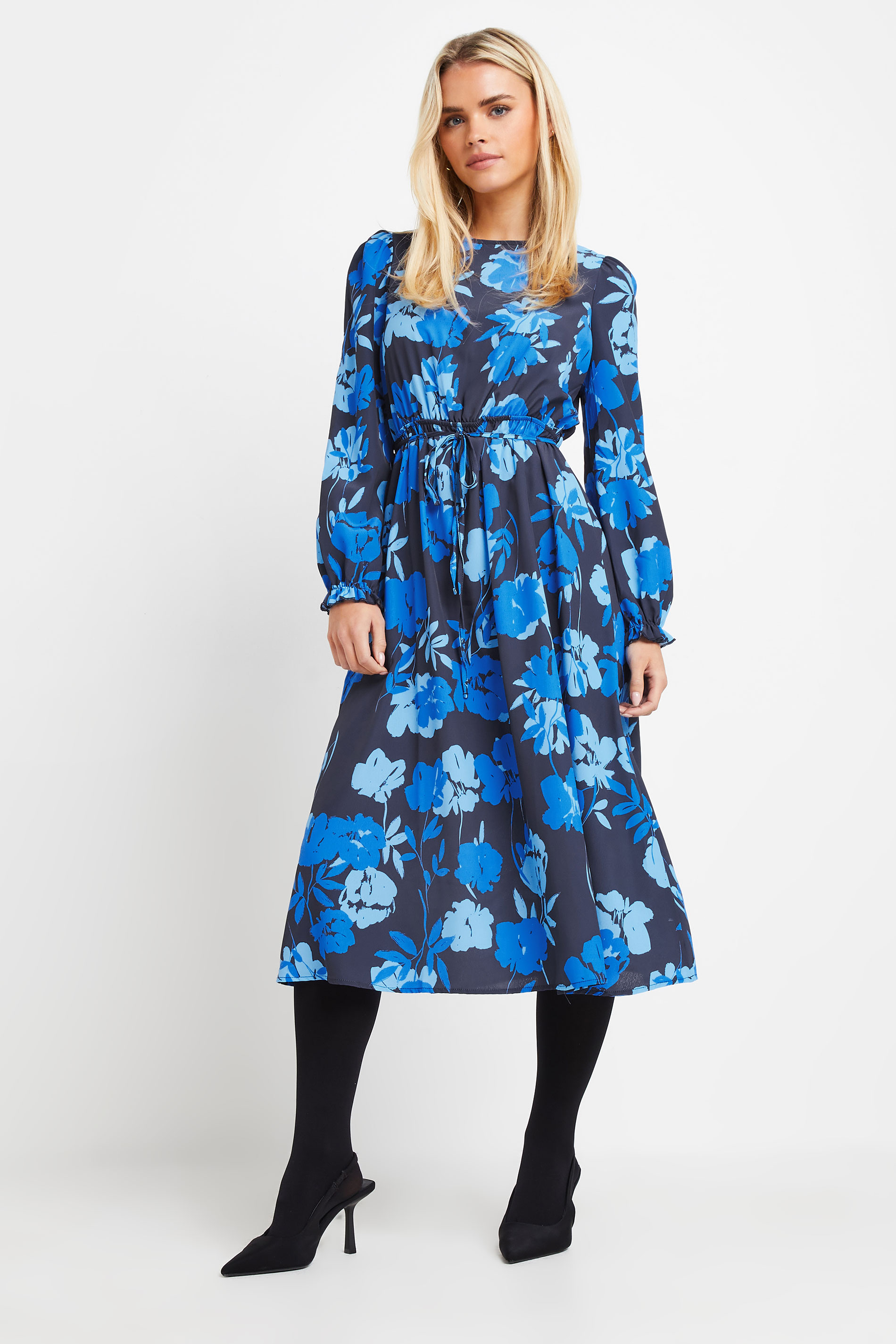 M&Co Petite Blue Floral Tie Waist Midi Smock Dress | M&Co 3