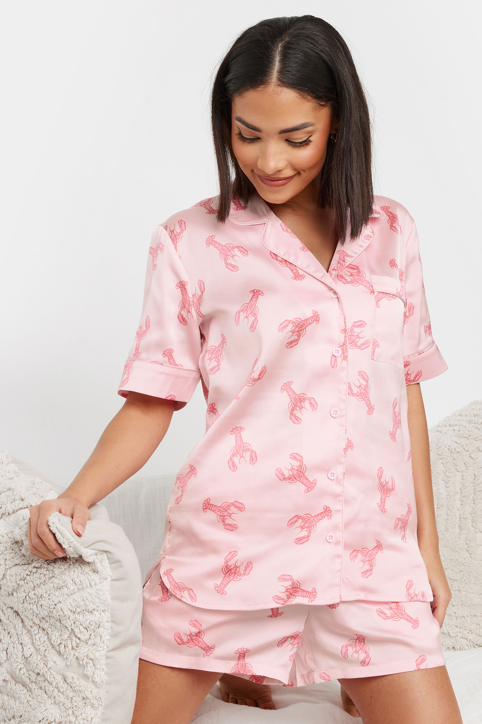 PixieGirl Petite Women's Pink Satin Lobster Graphic Short Pyjama Set | PixieGirl 3
