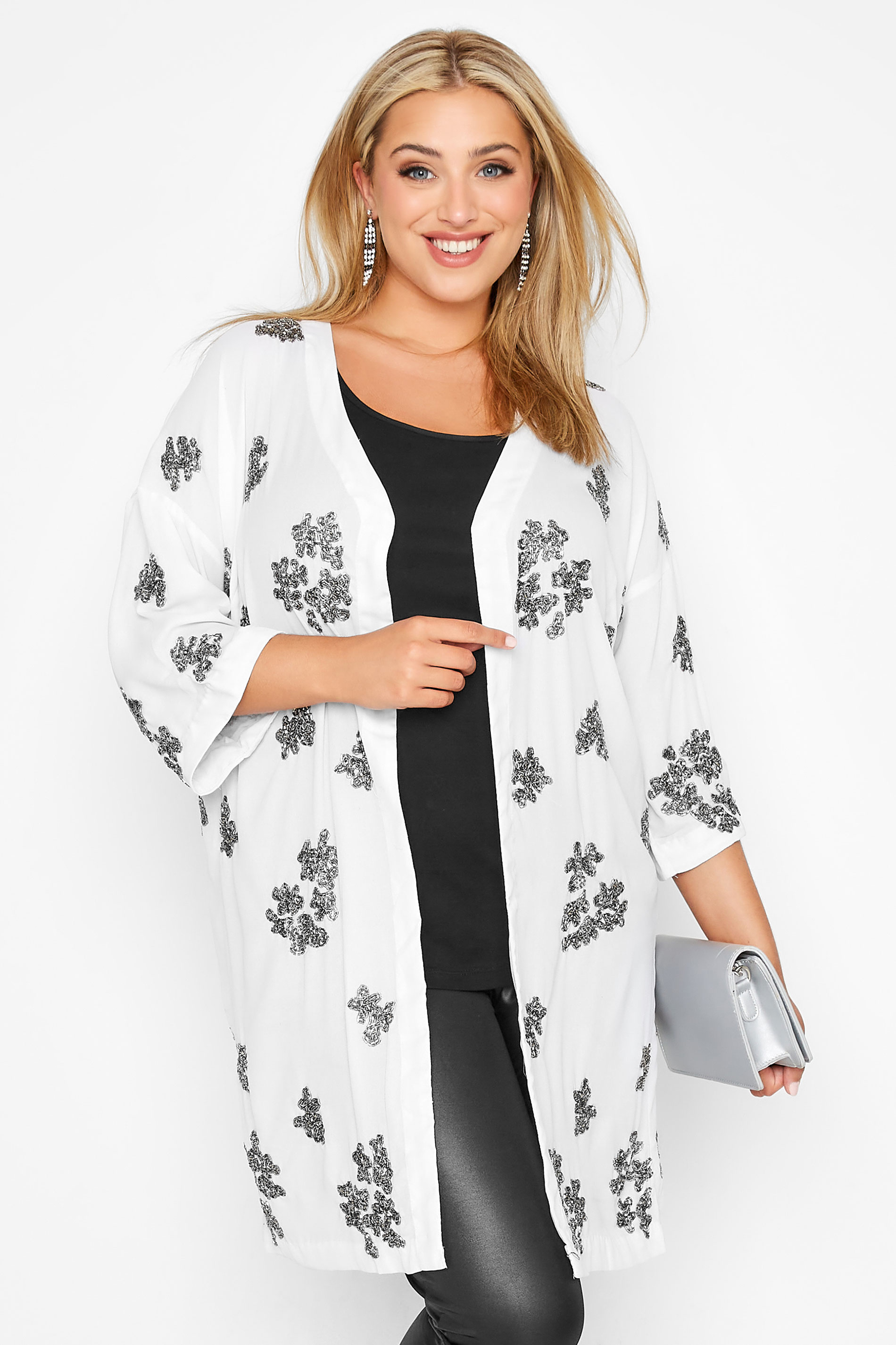 LUXE Plus Size White Hand Embellished Kimono | Yours Clothing 2
