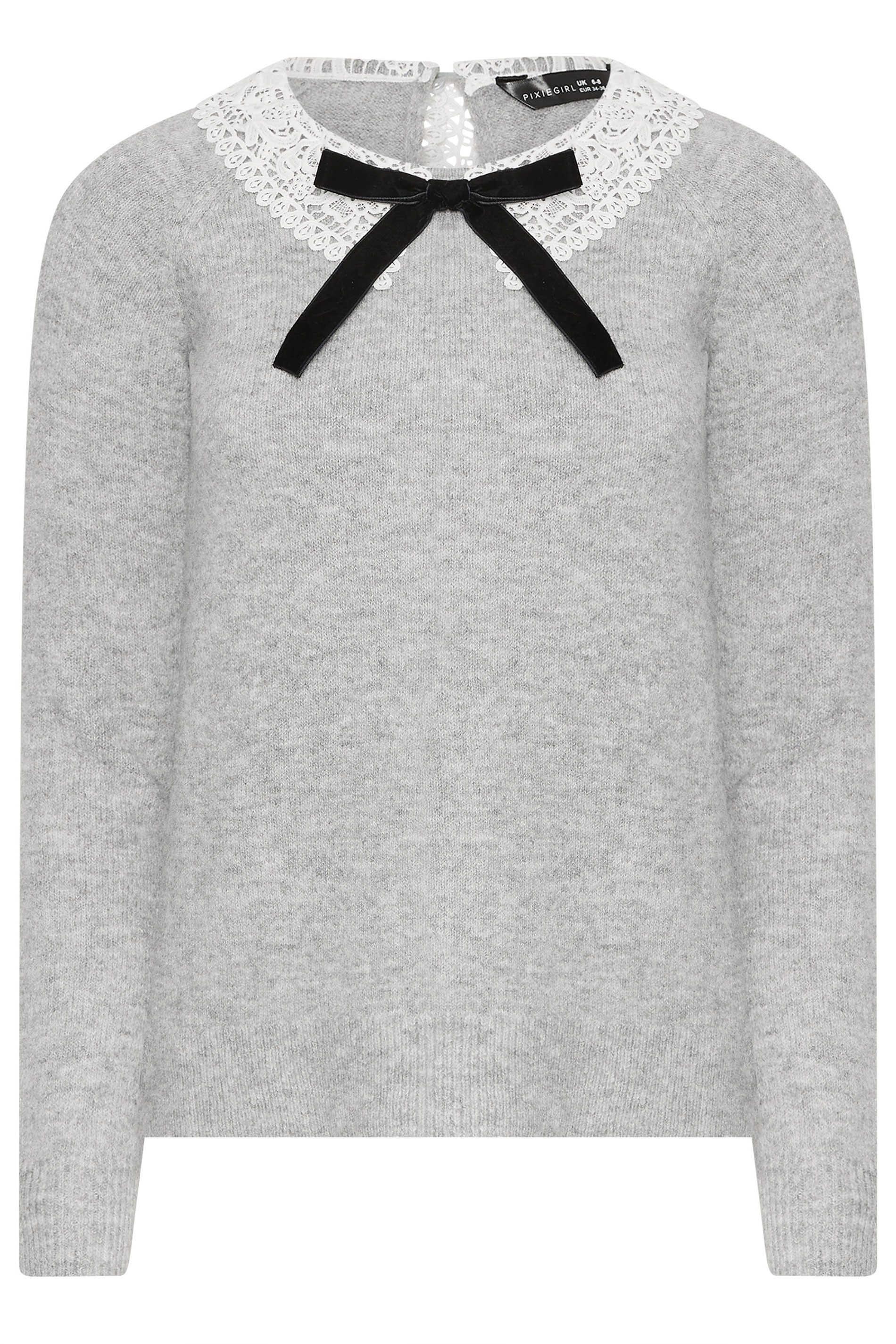 PixieGirl Petite Women's Grey Lace Collar Bow Jumper | PixieGirl 5