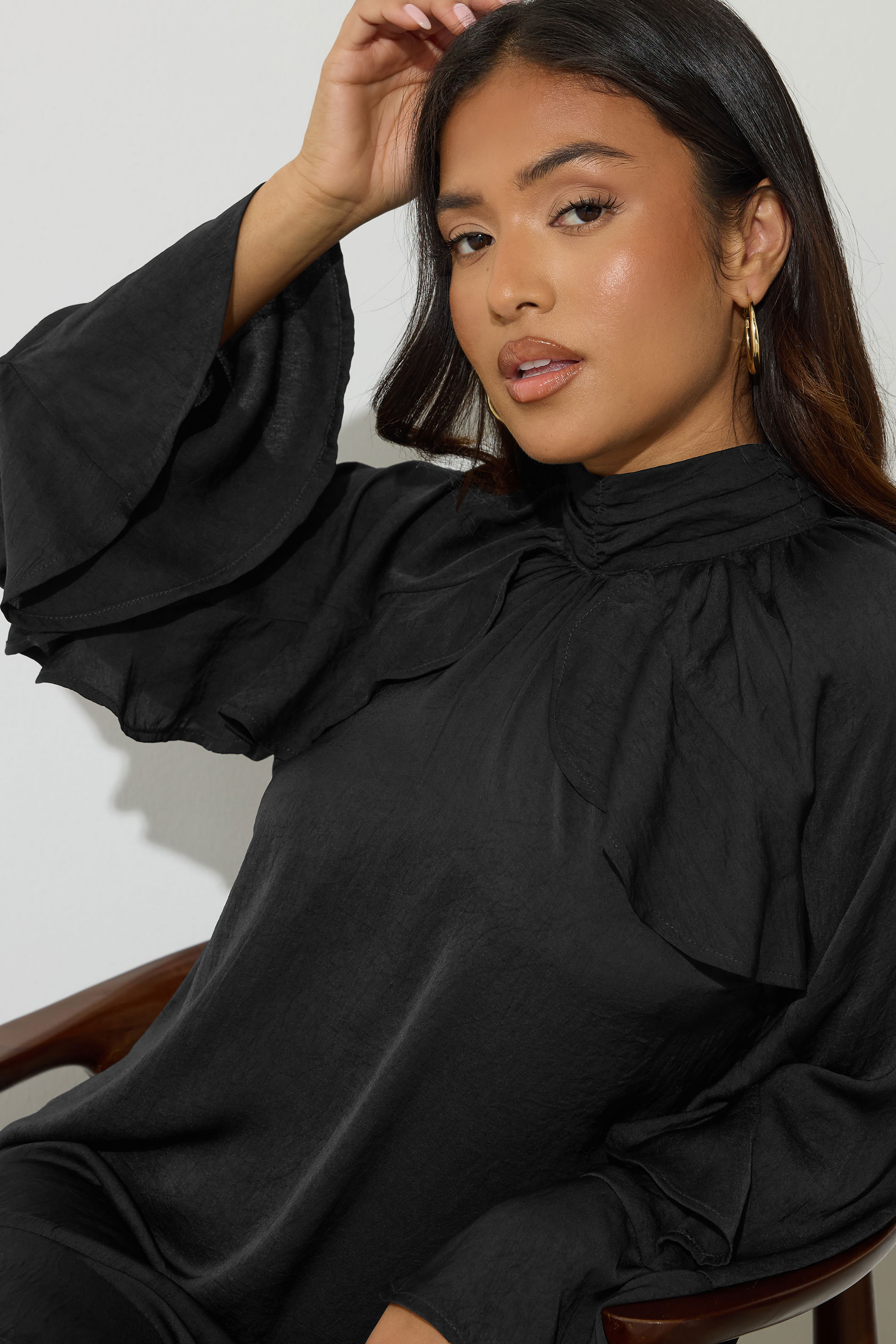 PixieGirl Petite Women's Black Hammered Satin Frill Smock Dress | PixieGirl 6