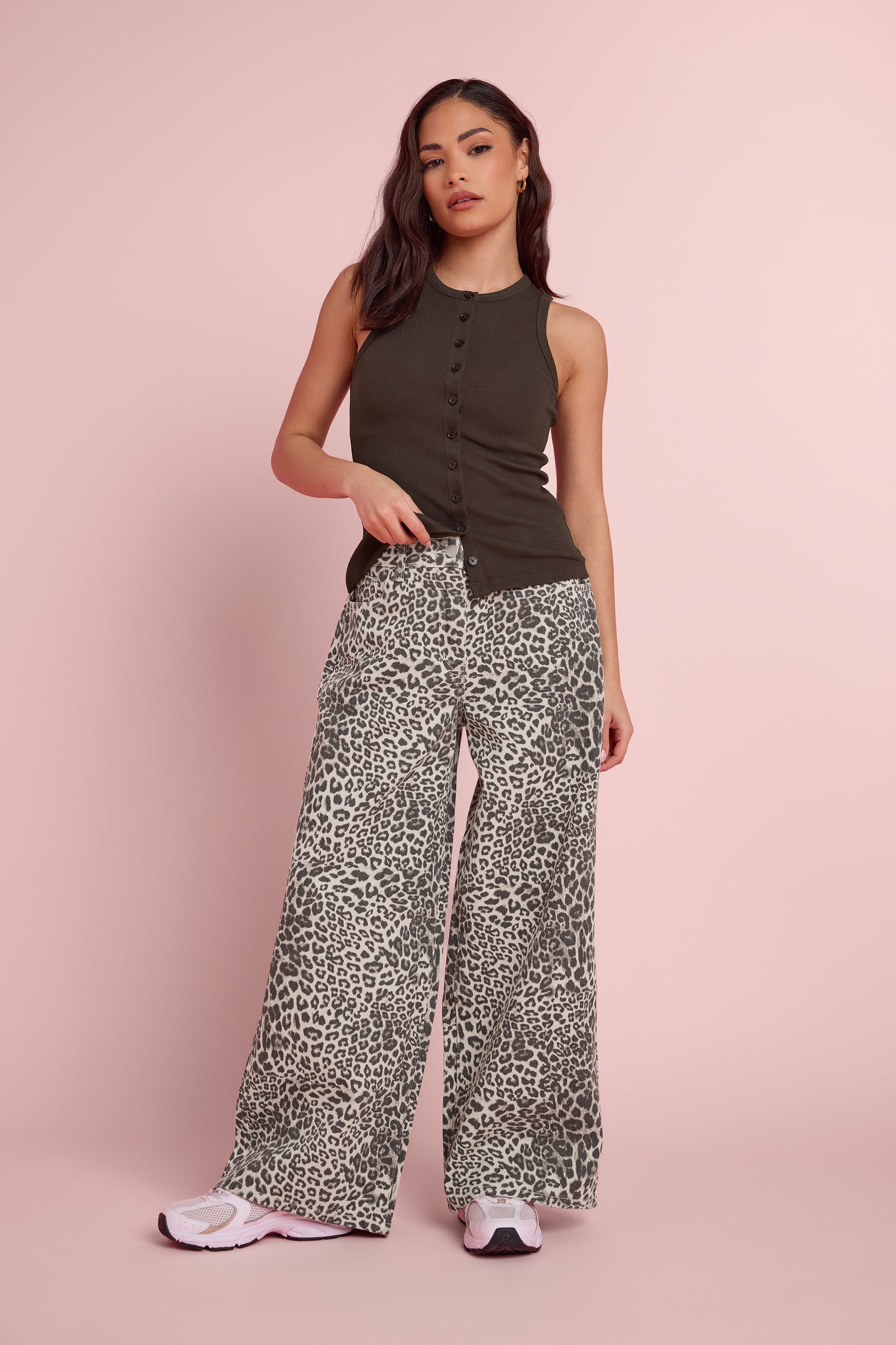 PixieGirl Petite Women's Light Brown Leopard Print Wide Leg Jeans | PixieGirl 1