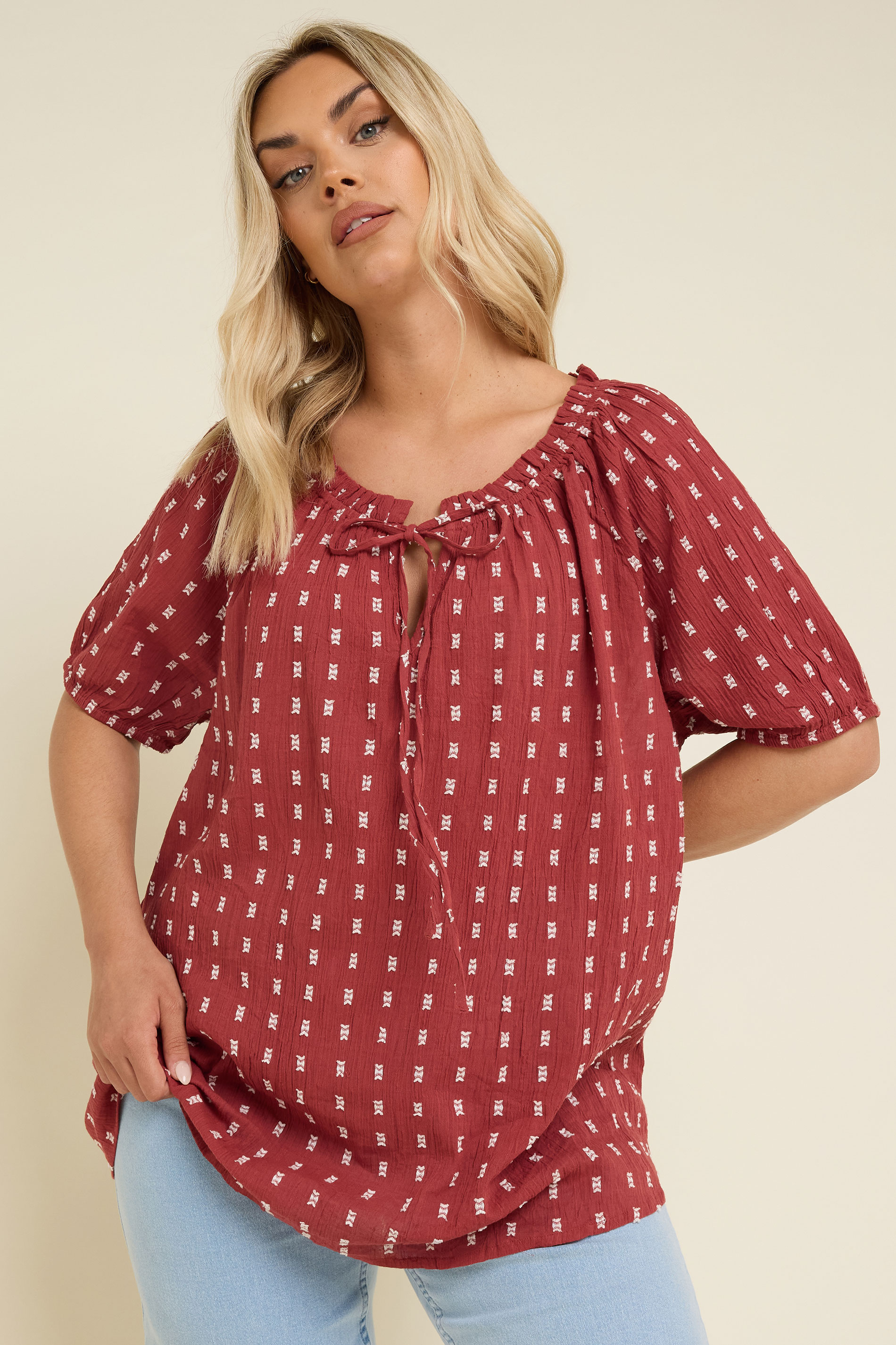 YOURS Plus Size Rust Orange Dobby Tie Neck Top | Yours Clothing 4