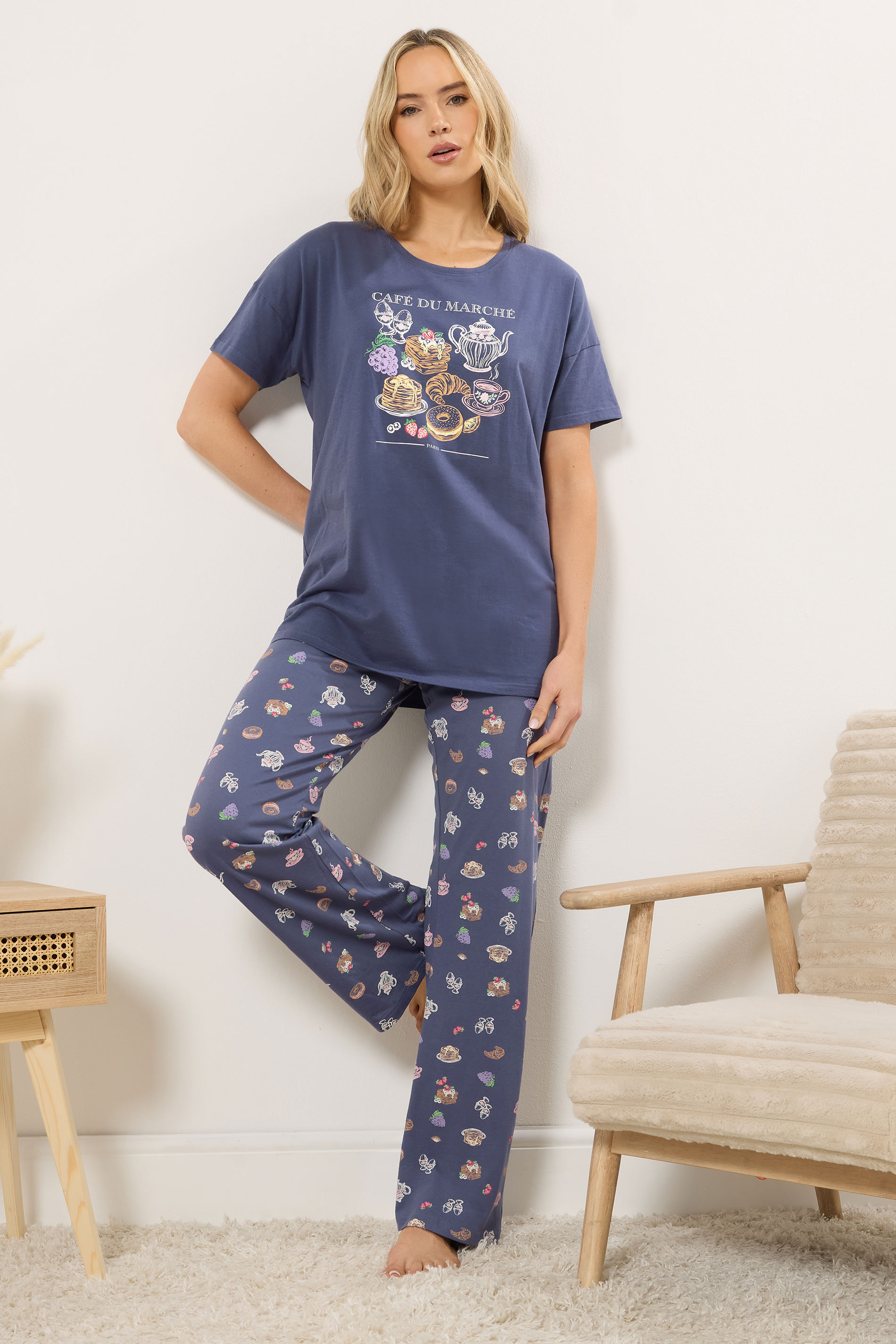 LTS Tall Women's Charcoal Grey Breakfast Graphic Cotton Pyjama Set | Long Tall Sally 1