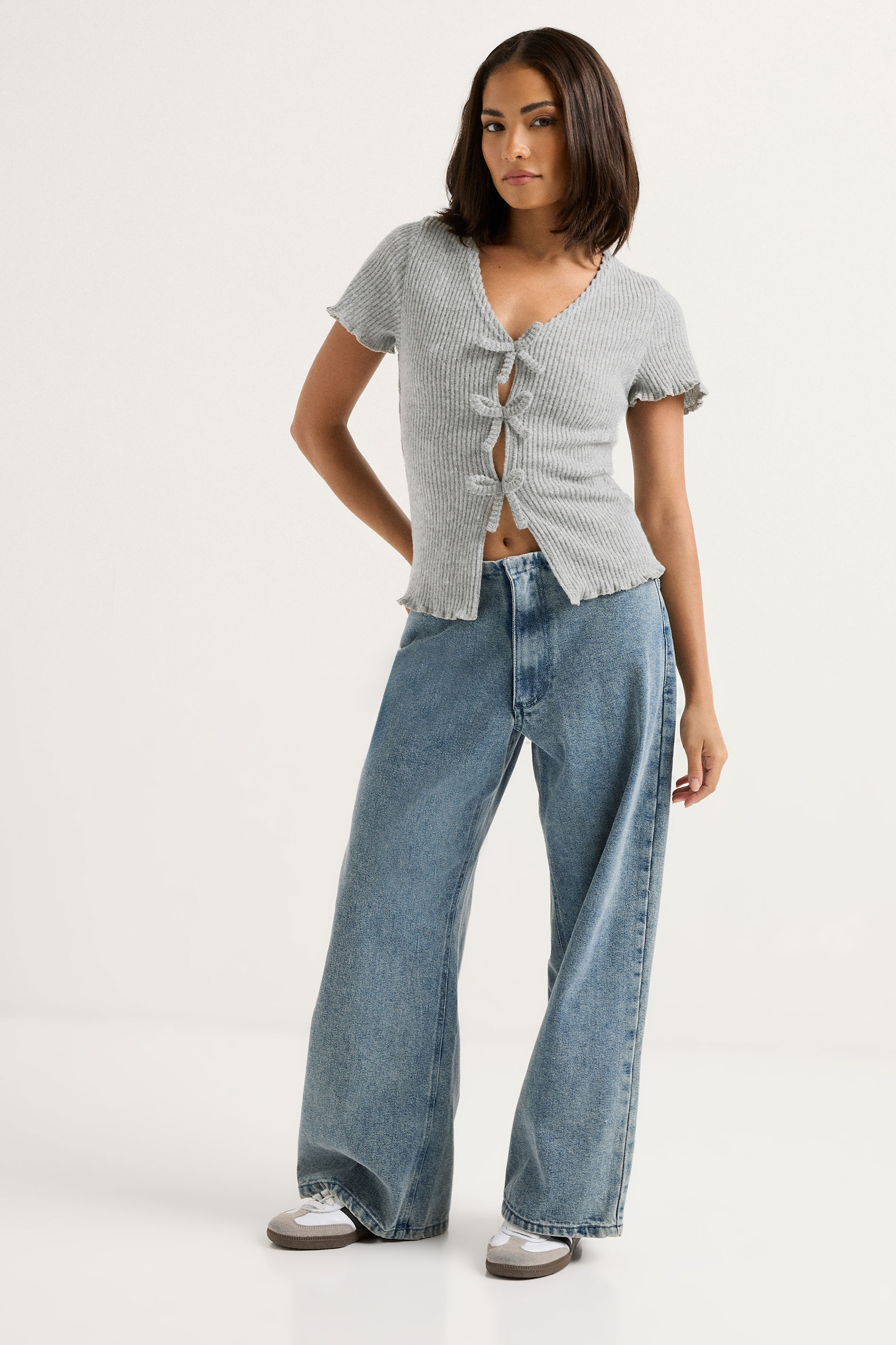 PixieGirl Petite Women's Grey Soft Touch Bow Front Top | PixieGirl 1