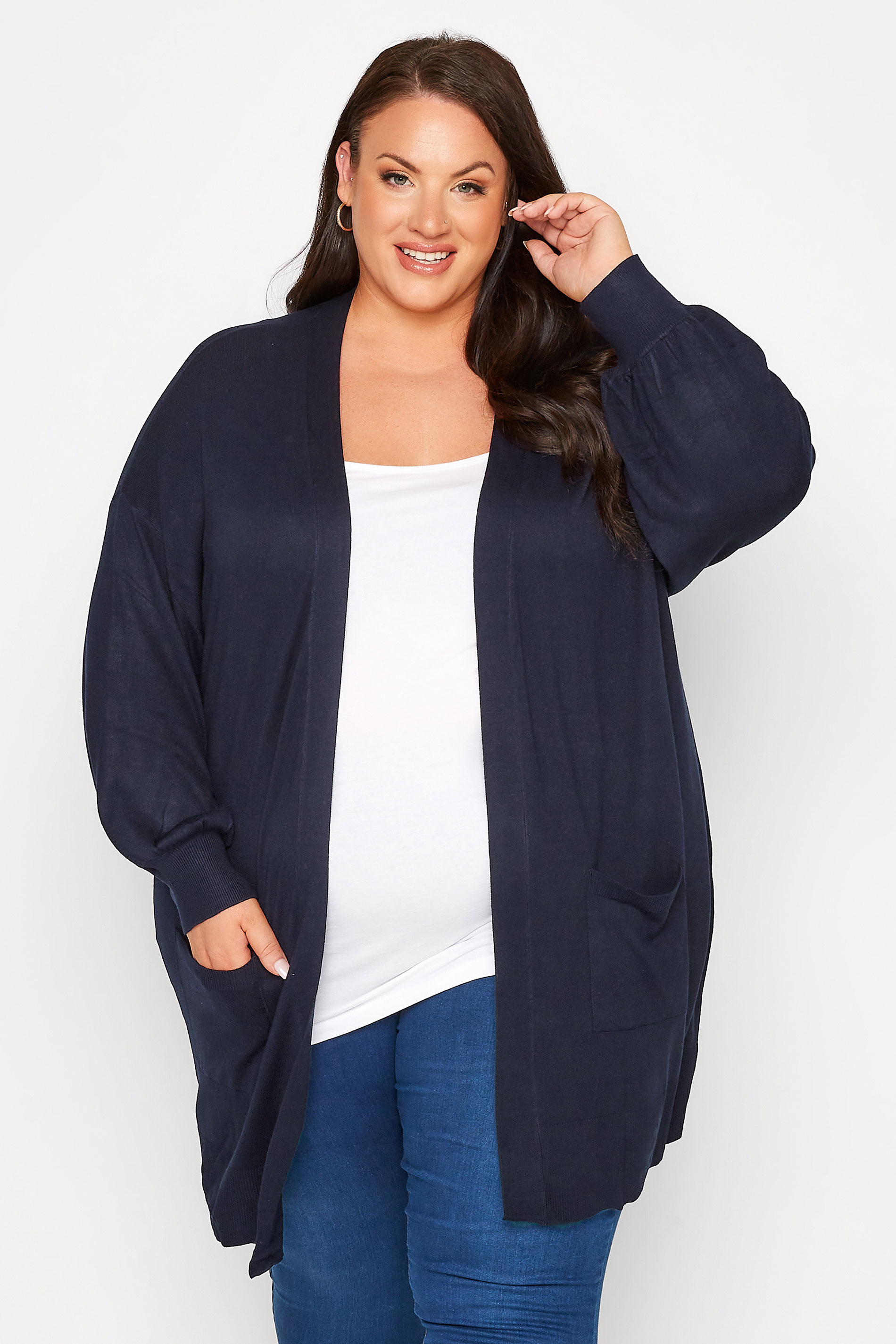 Plus Size Curve Navy Blue Balloon Sleeve Fine Knit Cardigan | Yours Clothing 1