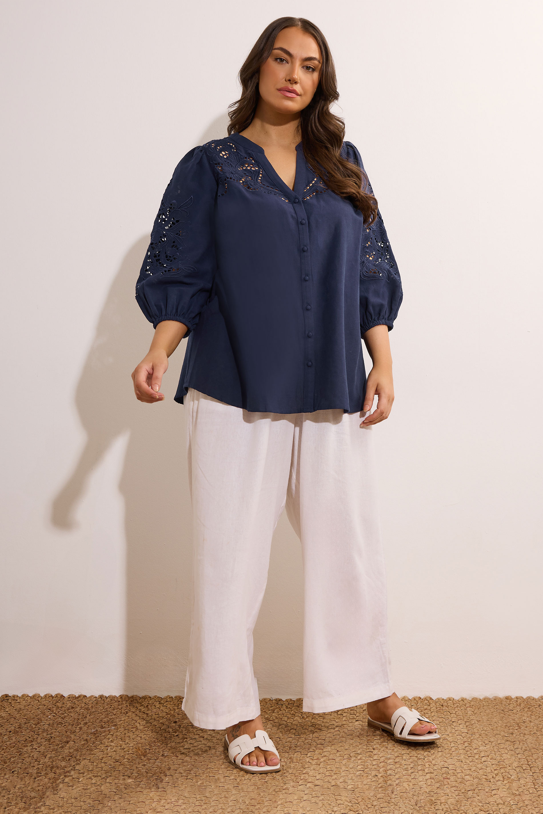 EVANS Plus Size Navy Blue Cutwork Linen Blouse | Evans 1