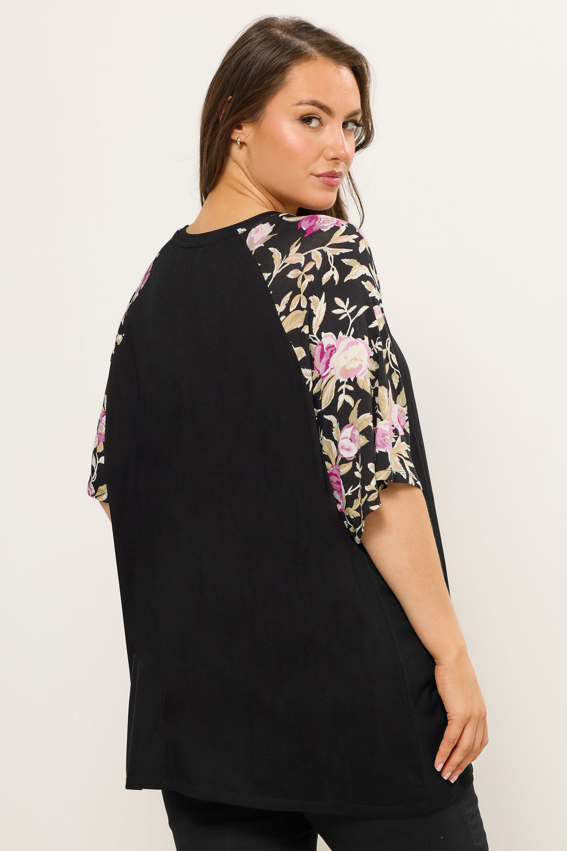 YOURS Plus Size Black Floral Raglan Sleeve T-Shirt | Yours Clothing 2