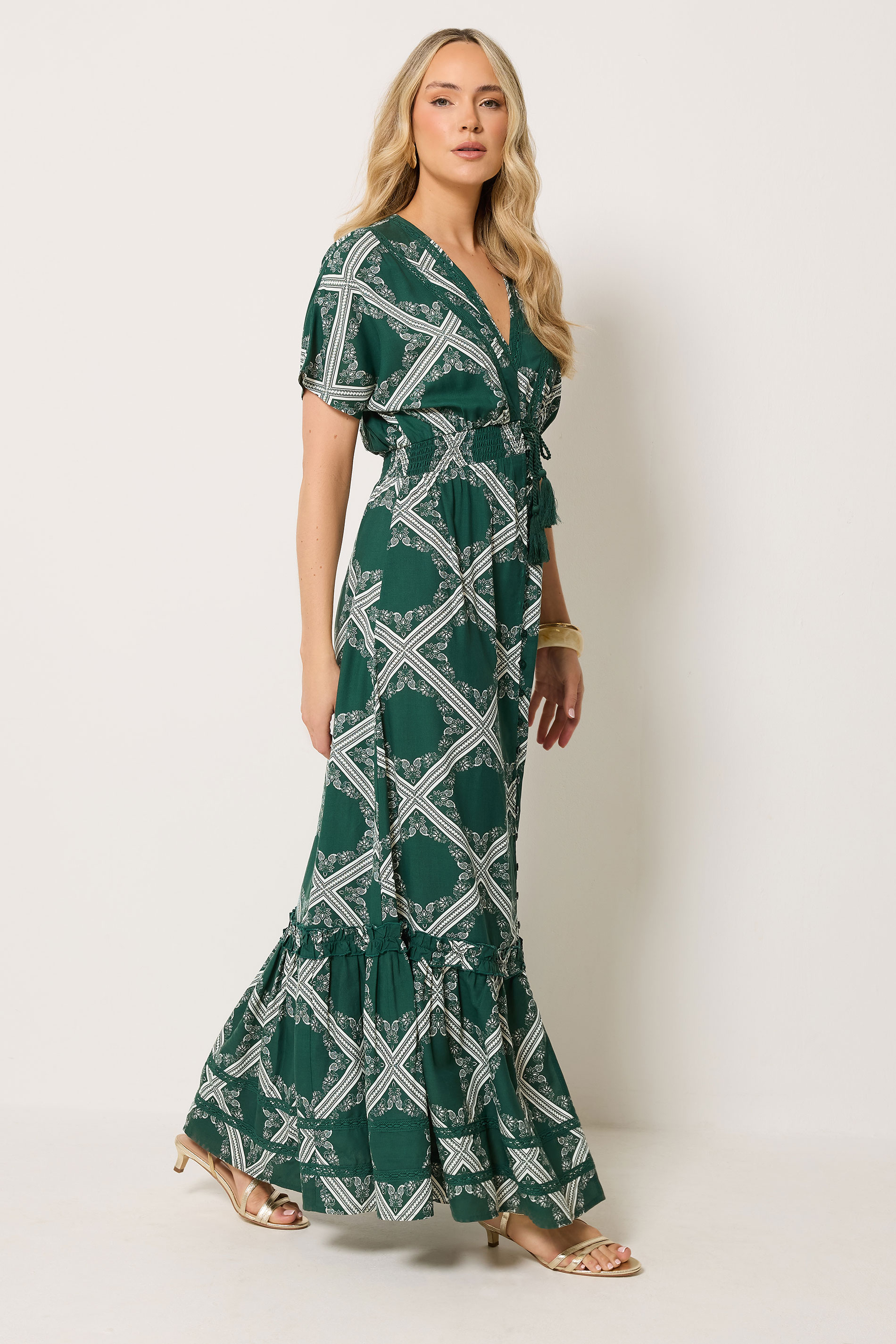 LTS Tall Women's Green Scarf Print Button Maxi Dress | Long Tall Sally 1
