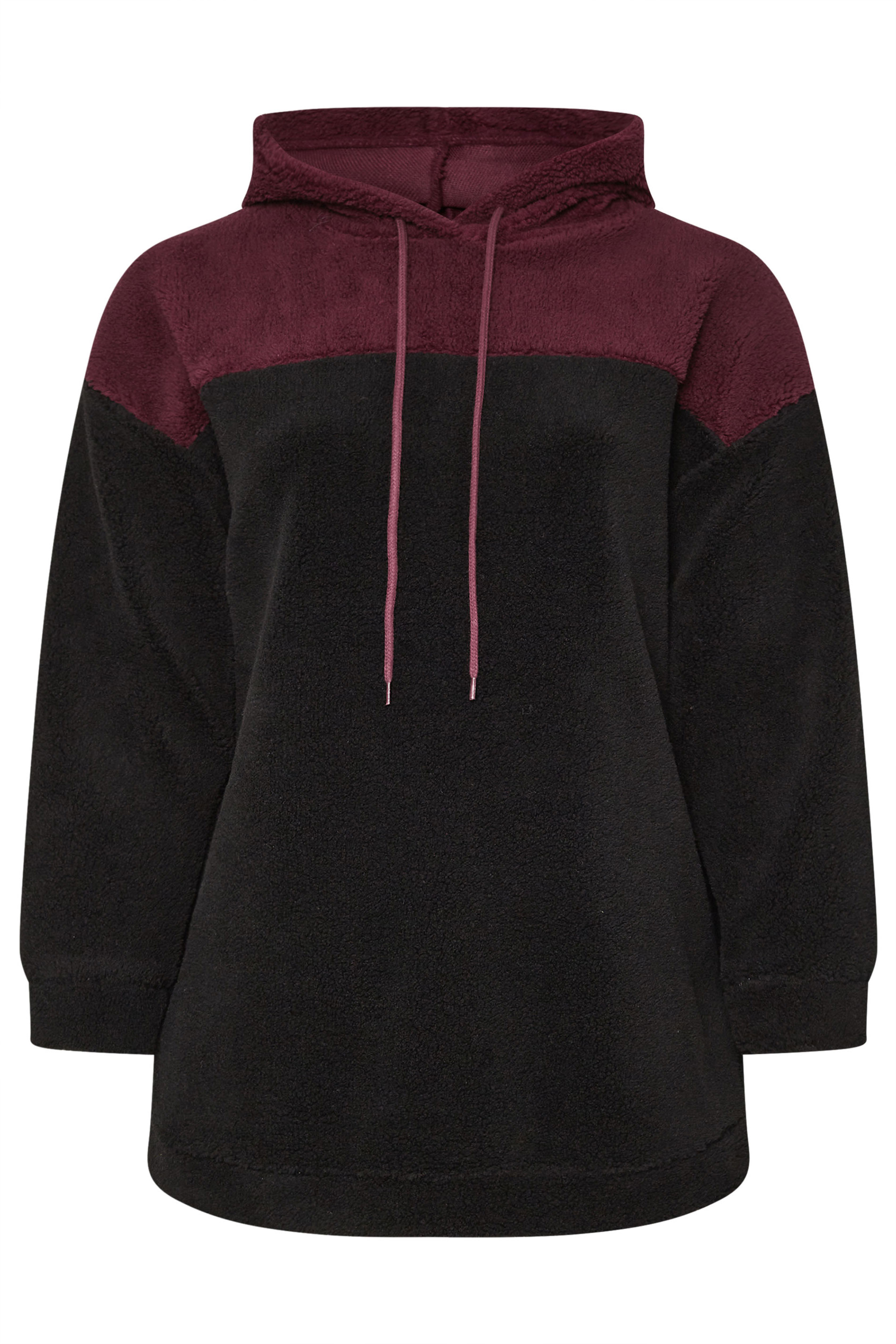 YOURS Plus Size Black & Burgundy Red Colourblock Teddy Fleece Hoodie | Yours Clothing  5