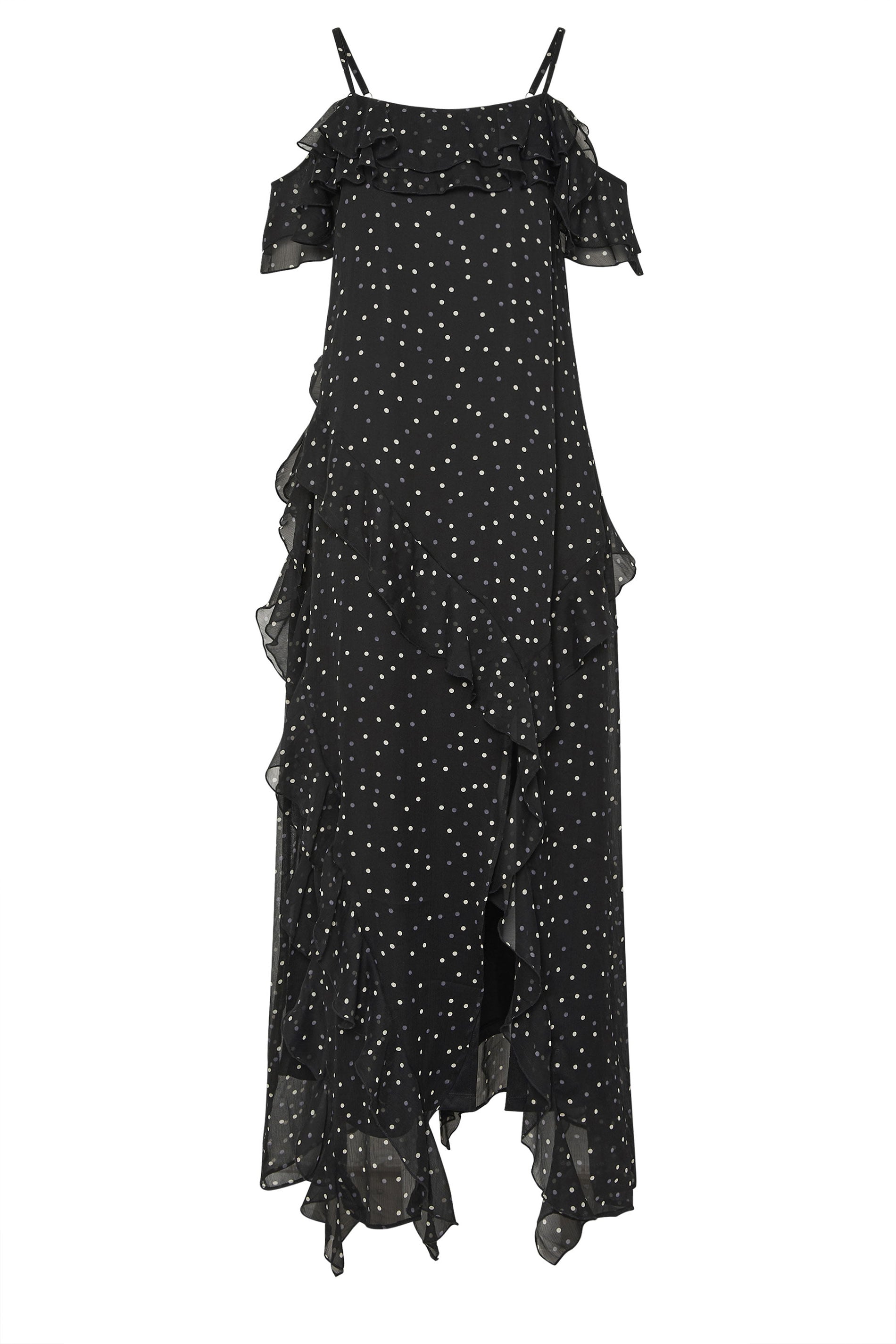 PixieGirl Petite Women's Black Chiffon Polka Dot Ruffle Maxi Dress | PixieGirl 6