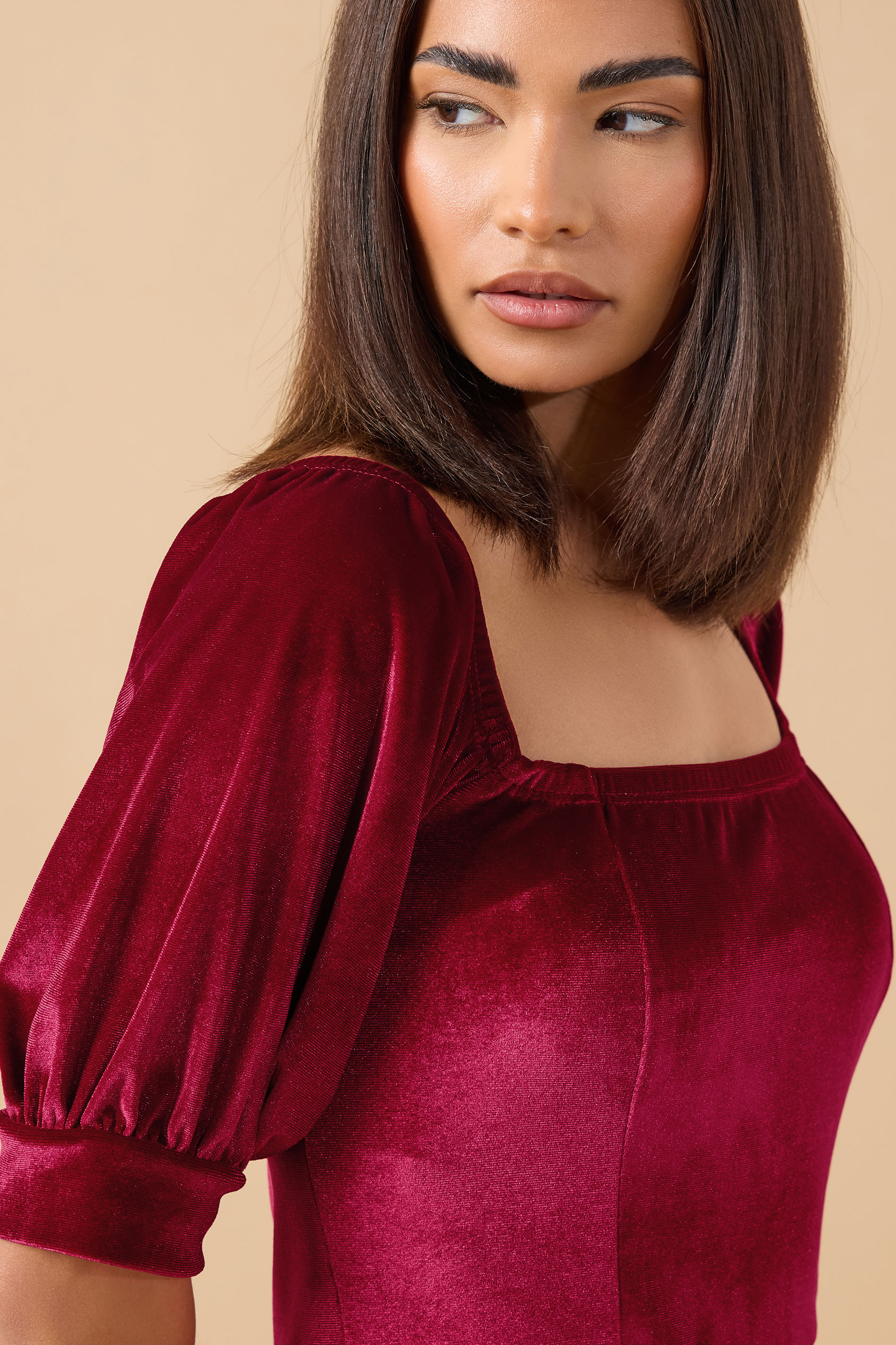 PixieGirl Petite Women's Burgundy Red Square Neck Velvet Dress | PixieGirl 4
